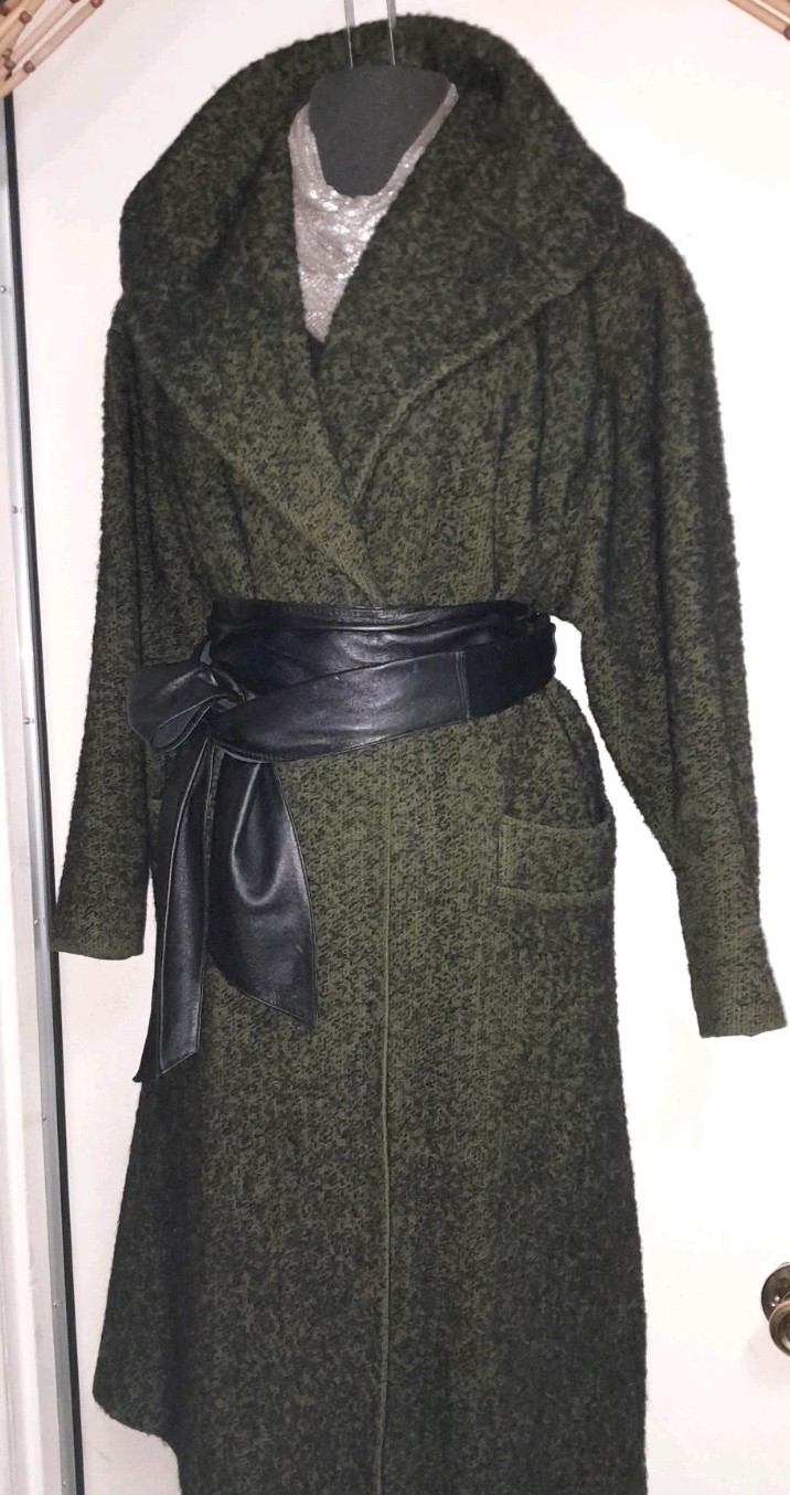 Vtg 50s 60s Green Tweed Knob Black Flecked Swing Opera Wool Shawl Collar Coat M