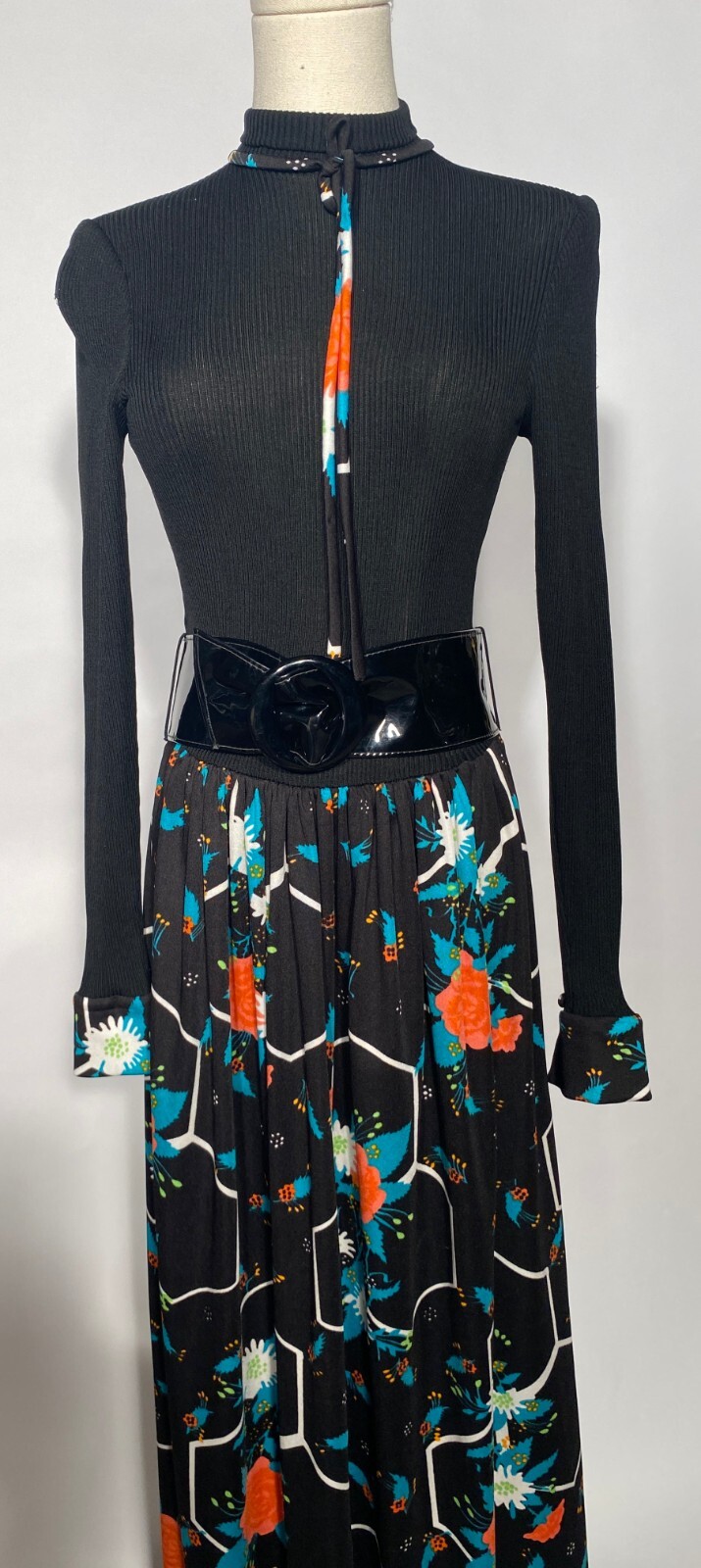 Vintage Italian Black Floral 1970s Maxi Dress No Belt Made In Italy Knit Top