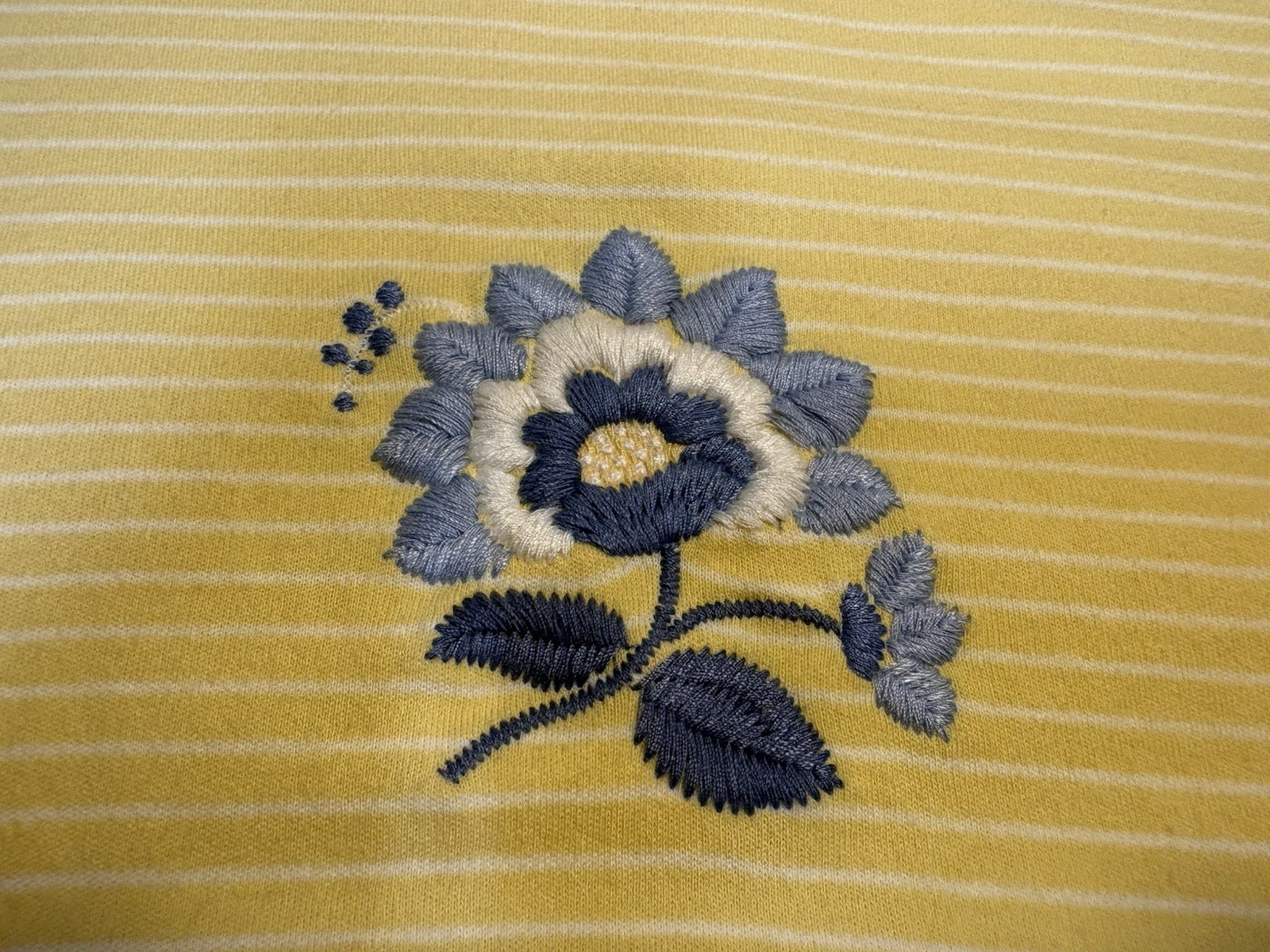 Vintage 90s Cottagecore Grannycore Yellow Stripe Blue Flower Shirt Women’s L
