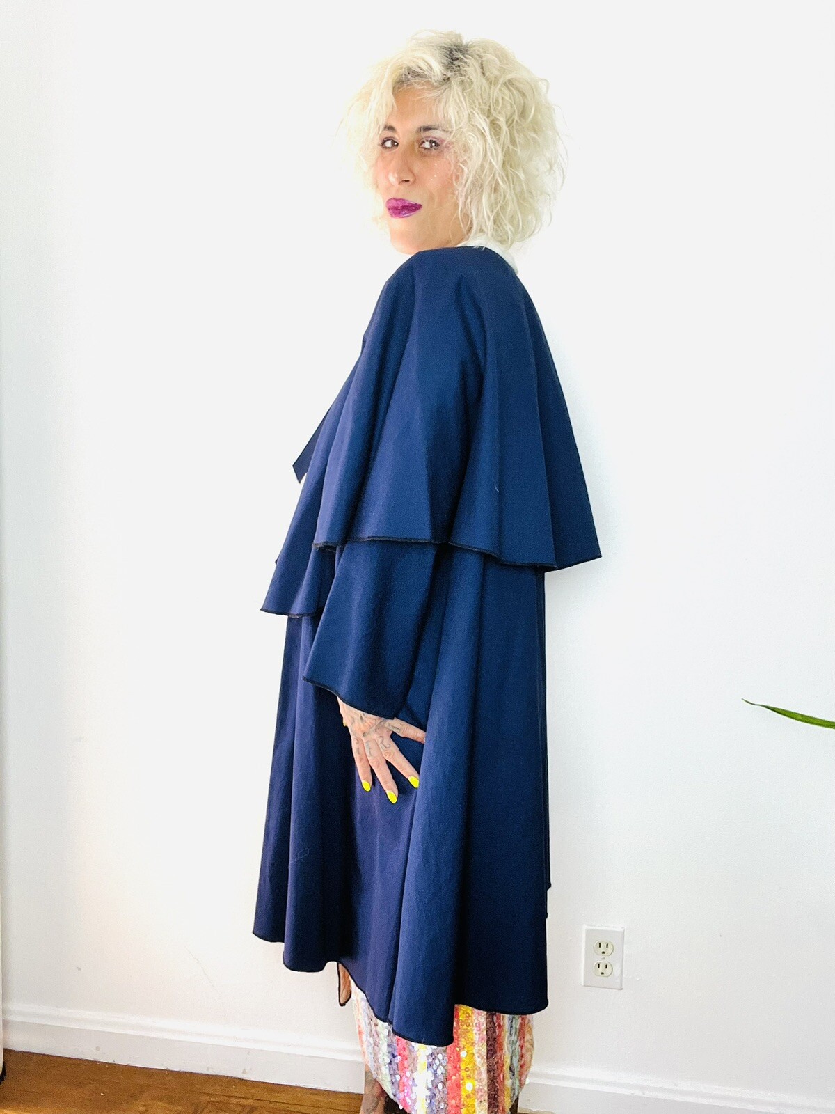 1980’s 80s Cotton Faille Oversized CAPE Peter Pan Collar Vintage Swing Coat L XL
