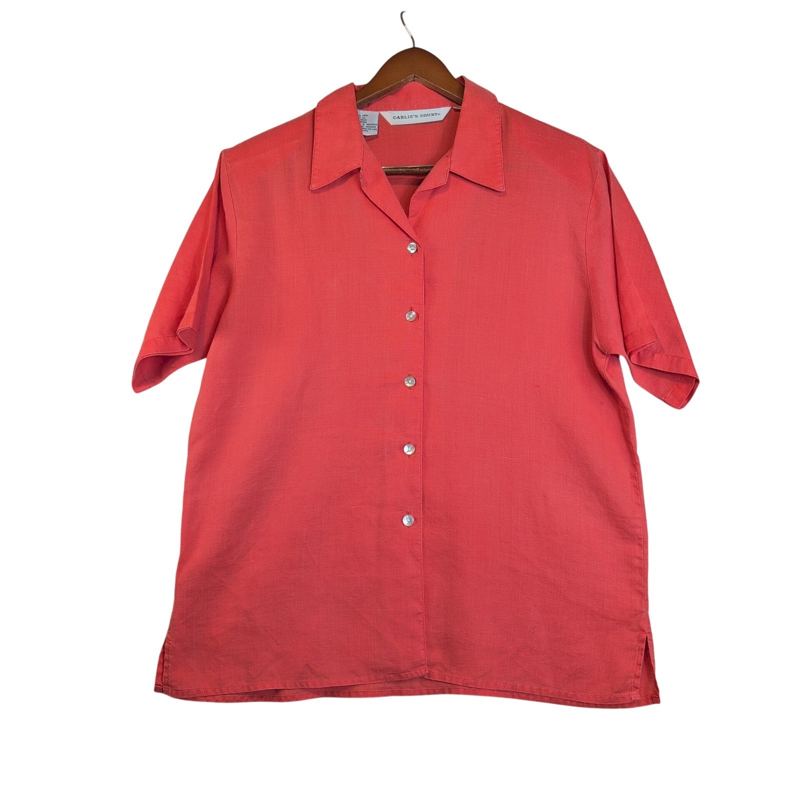 VTG Carlie’s Court Linen Shirt Coral Pink Shoulder Pads Sz 14 Cottagecore Light