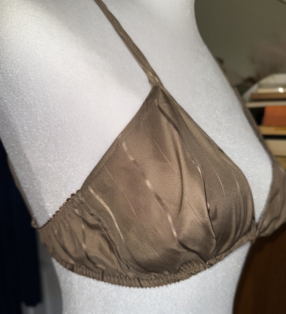 Vtg Vivine La Rinascente Bra 100% Silk M L Bralette Mocha Brown Stripe NOS