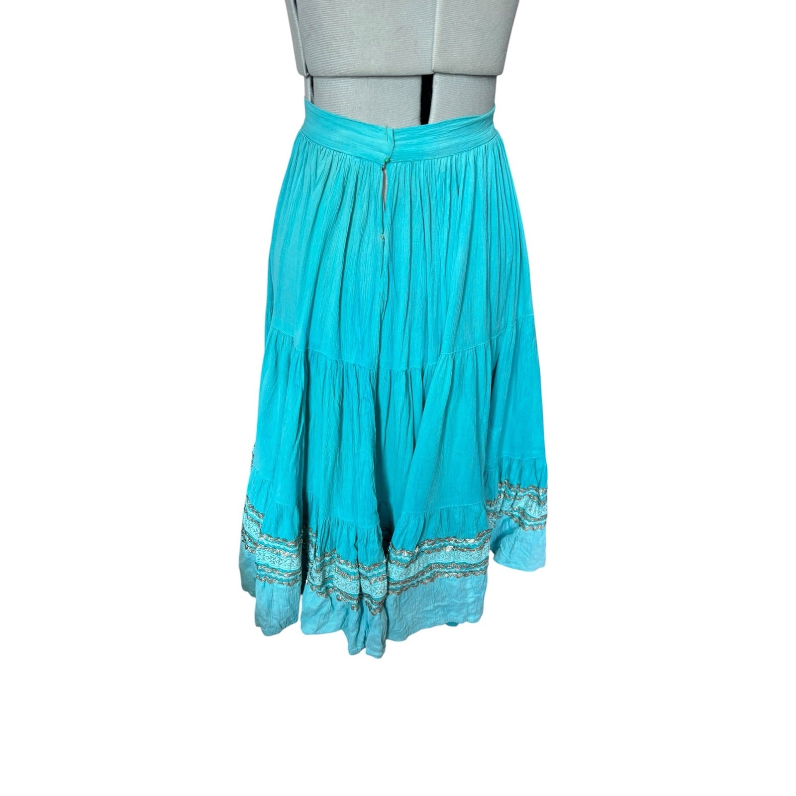 1950s Turquoise Patio Skirt Full Sweep Silver Rickrack Western Fiesta