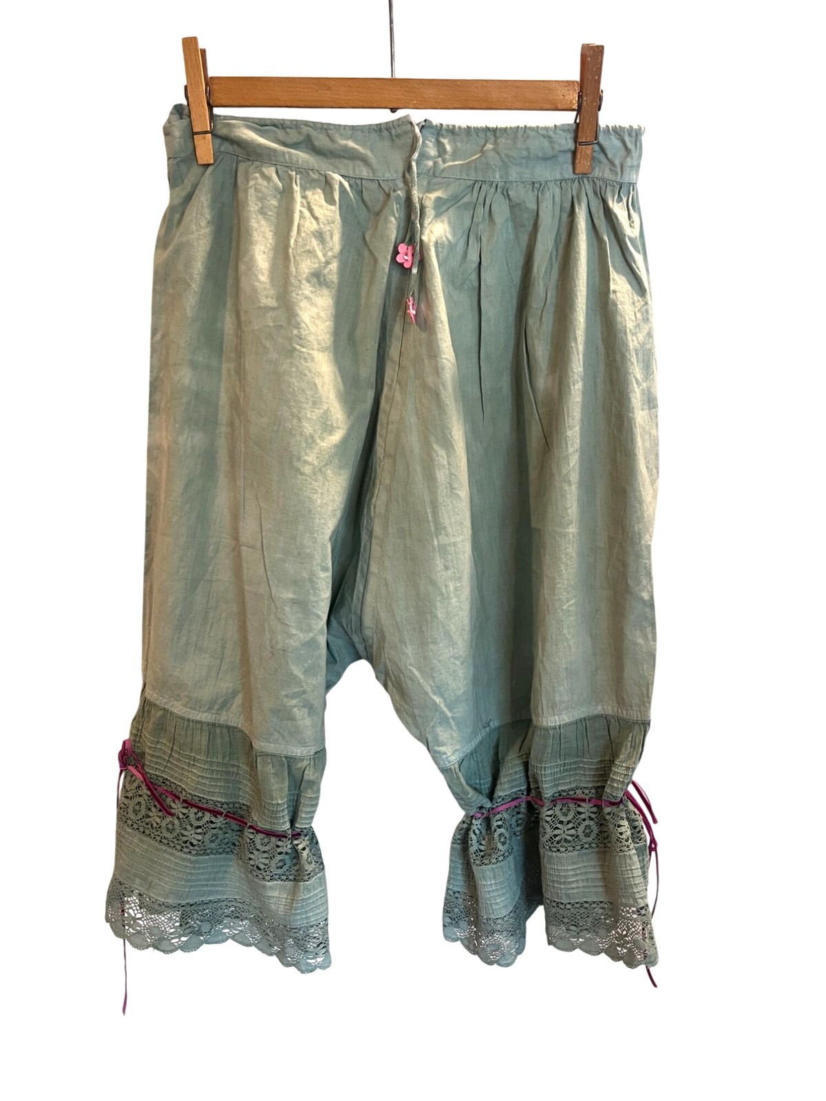 Antique Sage Victorian Bloomers Hand Dyed Sage Lace Trimmed Velvet Ties