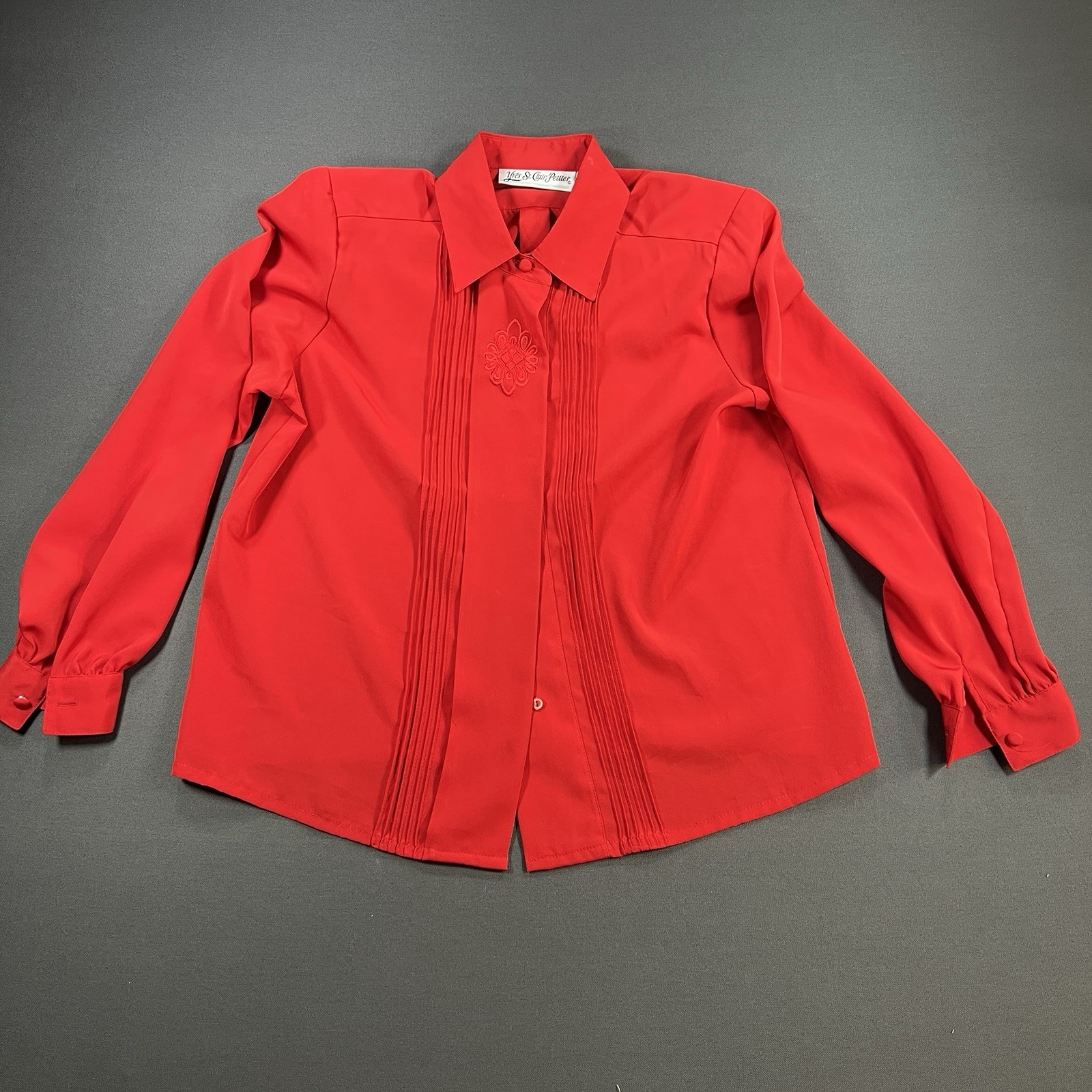 Vintage Yves St. Clair Petites 12P Red Pintuck Embroidered Blouse Shoulder Pads