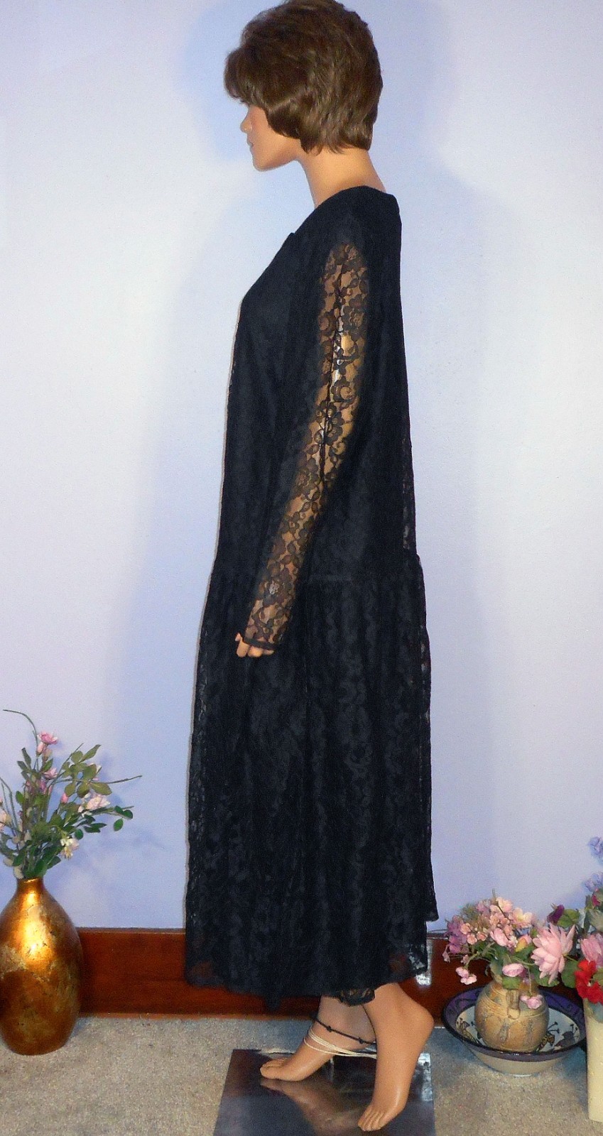 Vtg ‘80s Witchy Lacy Kathyrn Deene Dress w Drop Waist & Shoulder Pads, 22
