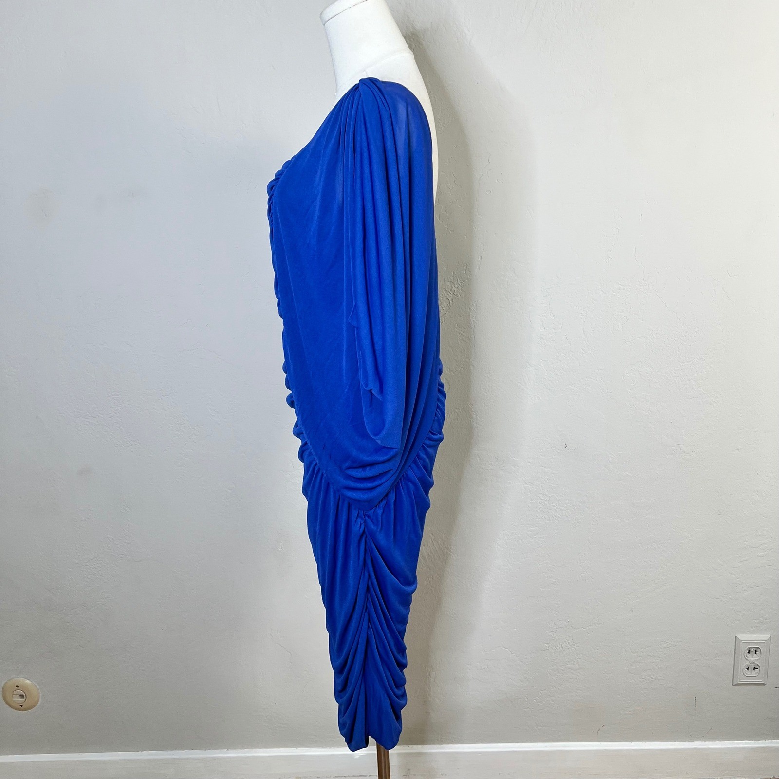 Vintage Nancy Bracoloni ViJack Dress Ruched Midi Size 7-8 Blue Batwing Drape 80s