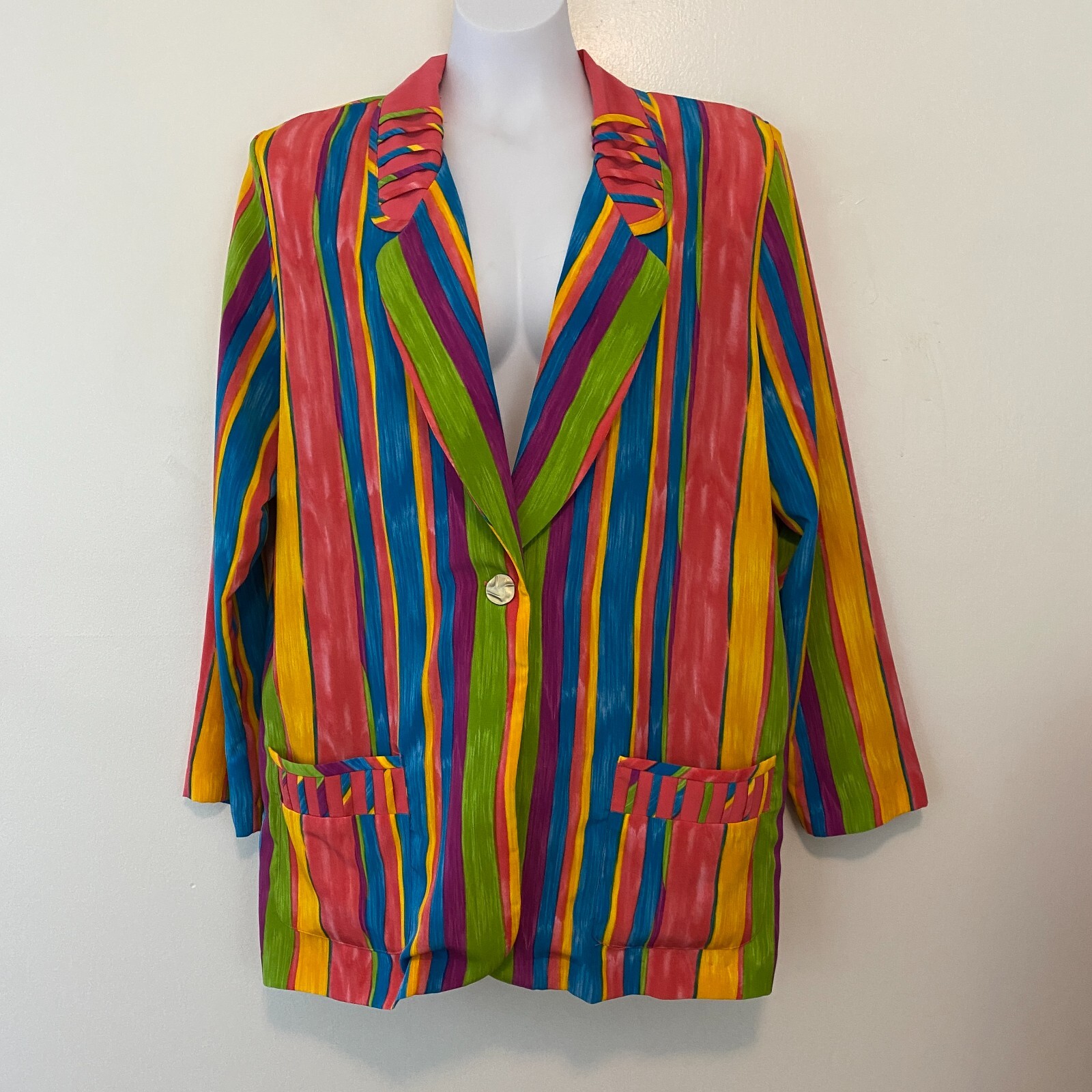 80s Jo Hardin Colorful Striped Single Button Blazer Womens 16