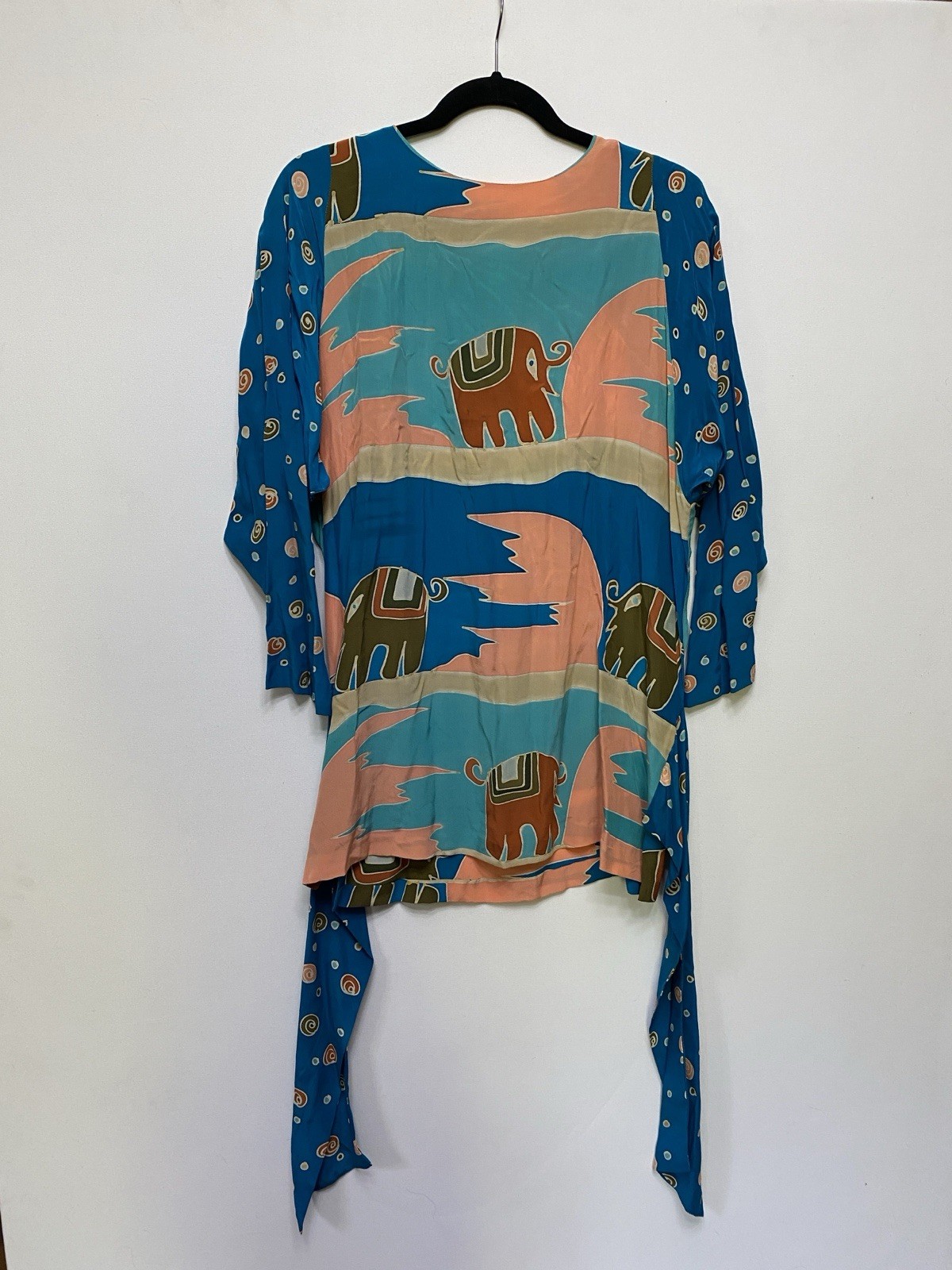 Vintage Silk Scapes M Hand Dyed 100% Silk Blouse Drop Waist Elephants