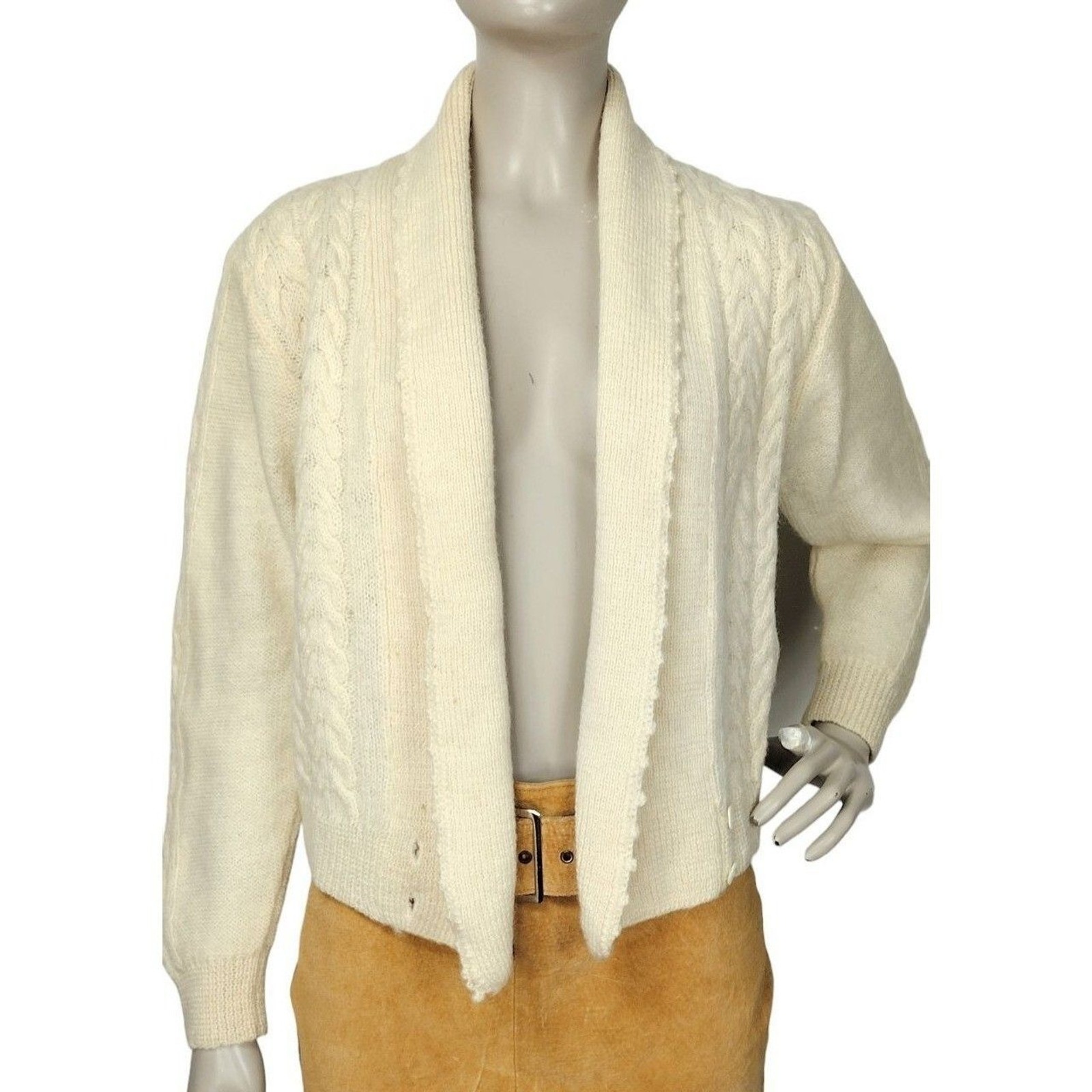 Vintage 70s Alpenblick Alpaca Wool Blend Cable Knit Shawl Neck Surplice Cardigan