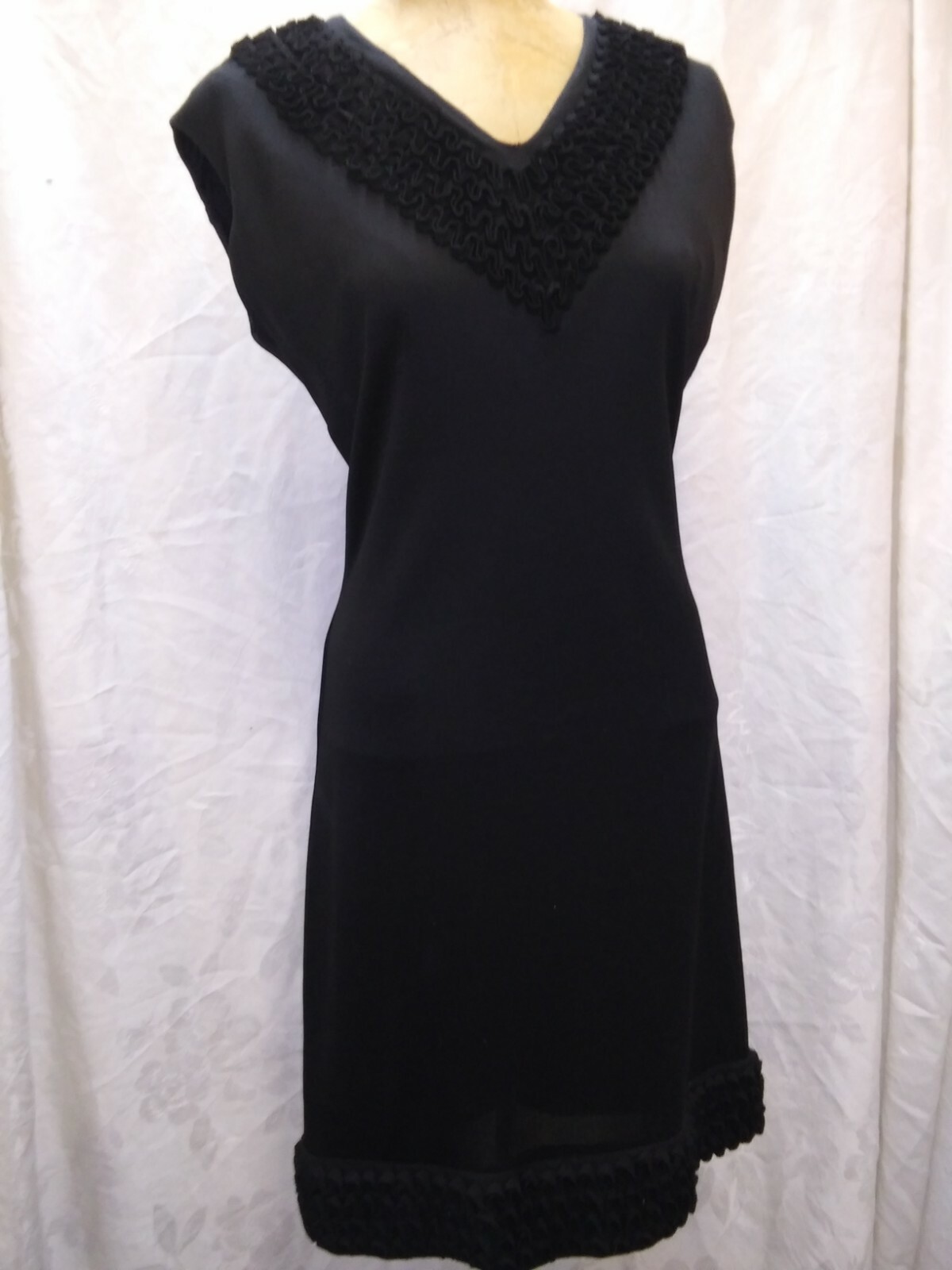 Vintage 1950’s 60’s Black Silky Rayon & Chiffon Elegant Cocktail Dress S/M