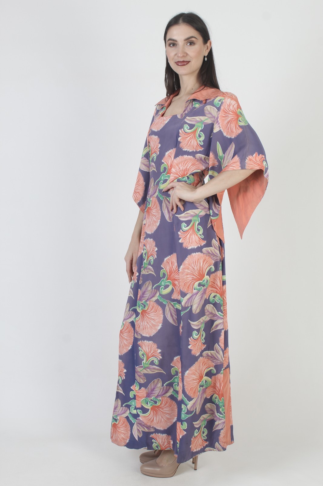 Vtg 40s Waikiki Sports Dress Honolulu Hawaii Rayon Kimono 50s MCM Tiki Pake Muu