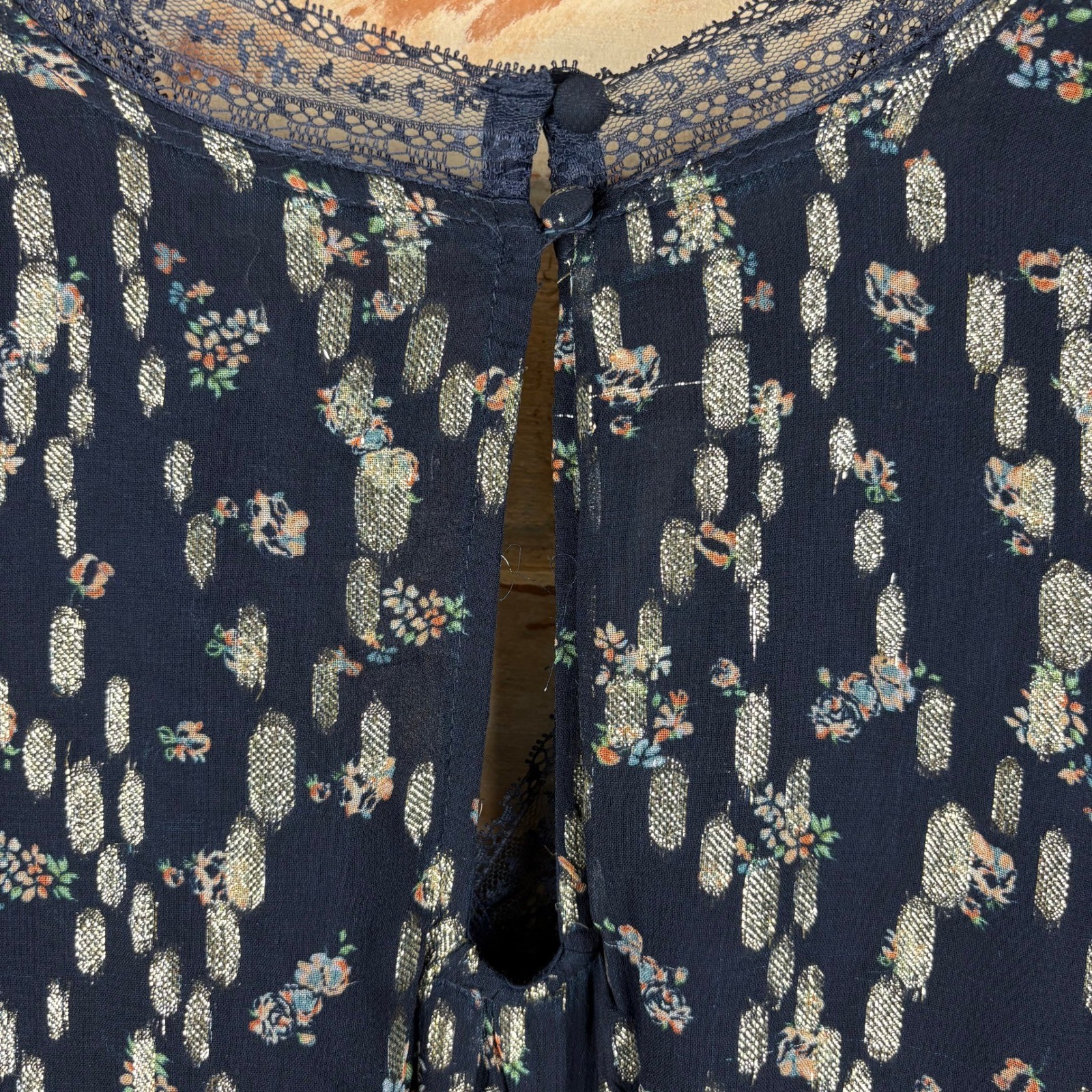 Maeve Anthropologie V-Neck Lurex Oversized Tiered Mini Dress Metallic Lace XXS