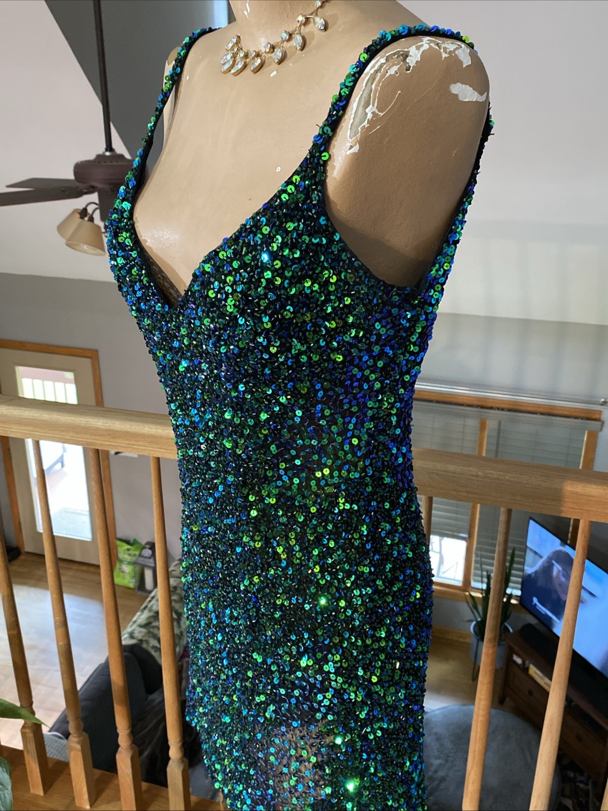 Vintage Glass Bead Sequin Mini Dress Low Back Blue & Green Size 6