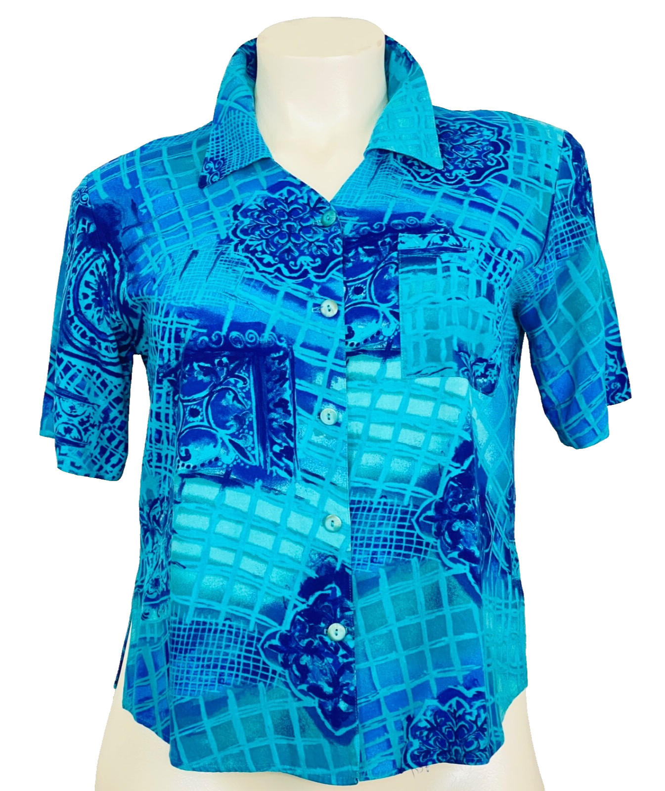 Vintage 1980s blue rayon blouse, L XL turquoise teal short sleeve collar 1990s