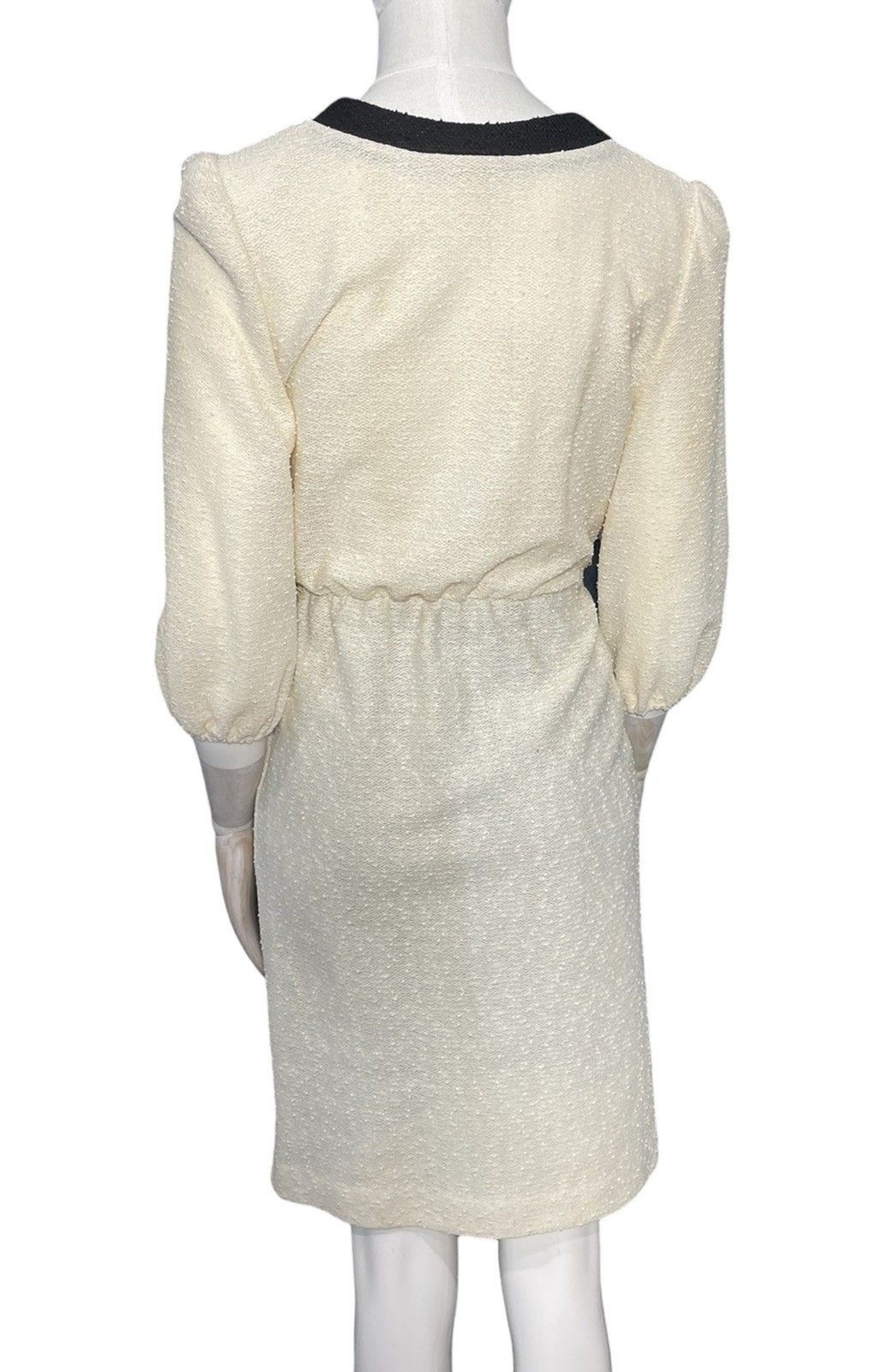 Vintage 80s Cream Textured Dress Black Trim Gold Buttons Midi Preppy Women 8