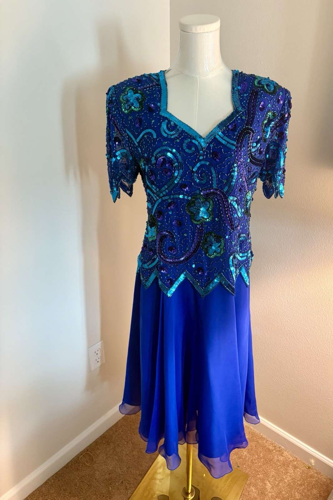 Beautiful Vintage Beaded And Sequined Laurence Kazar Silk Cobalt Dress