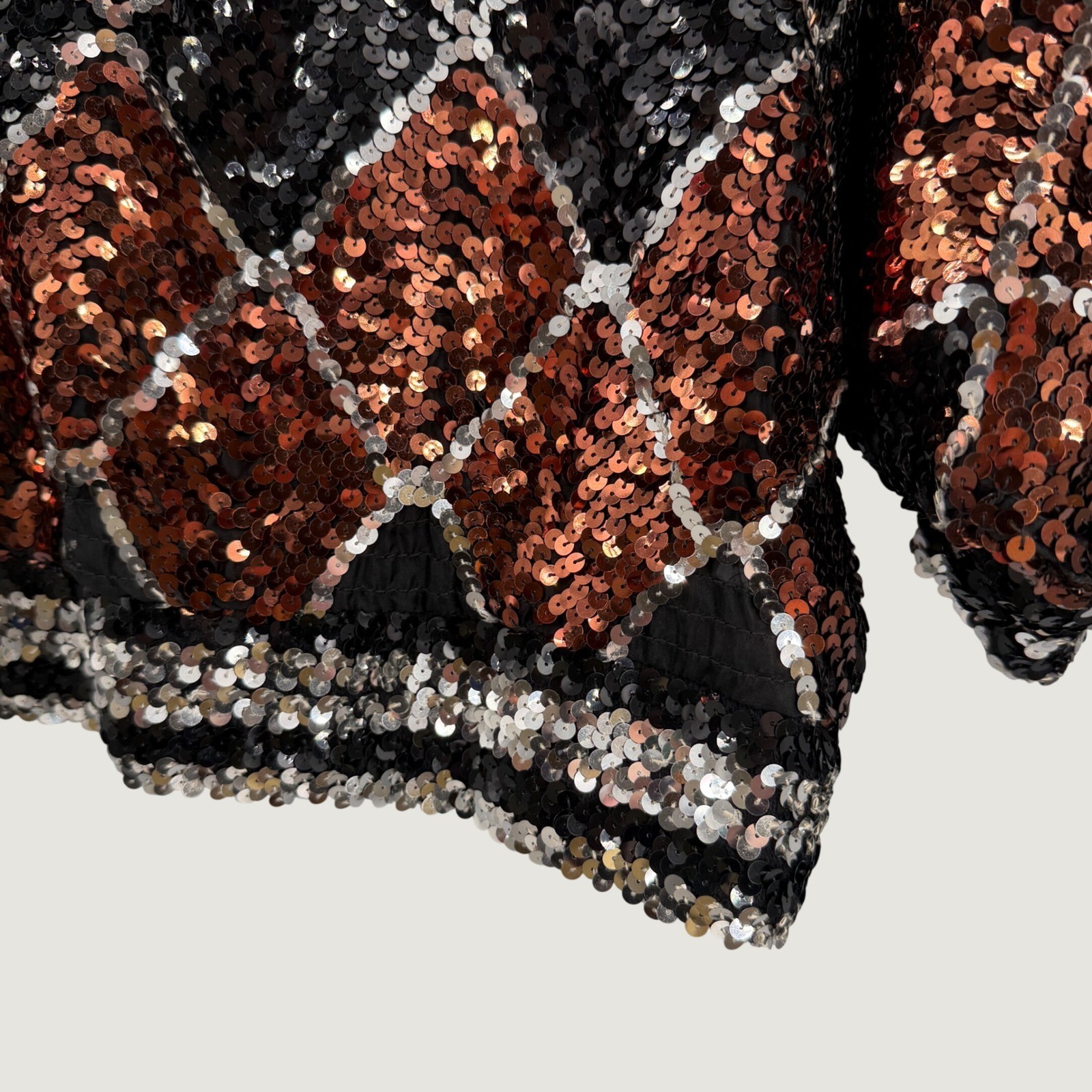 Vintage Lady Helene 80s Sequin Top Black Copper Harlequin Dolman Sleeve Party
