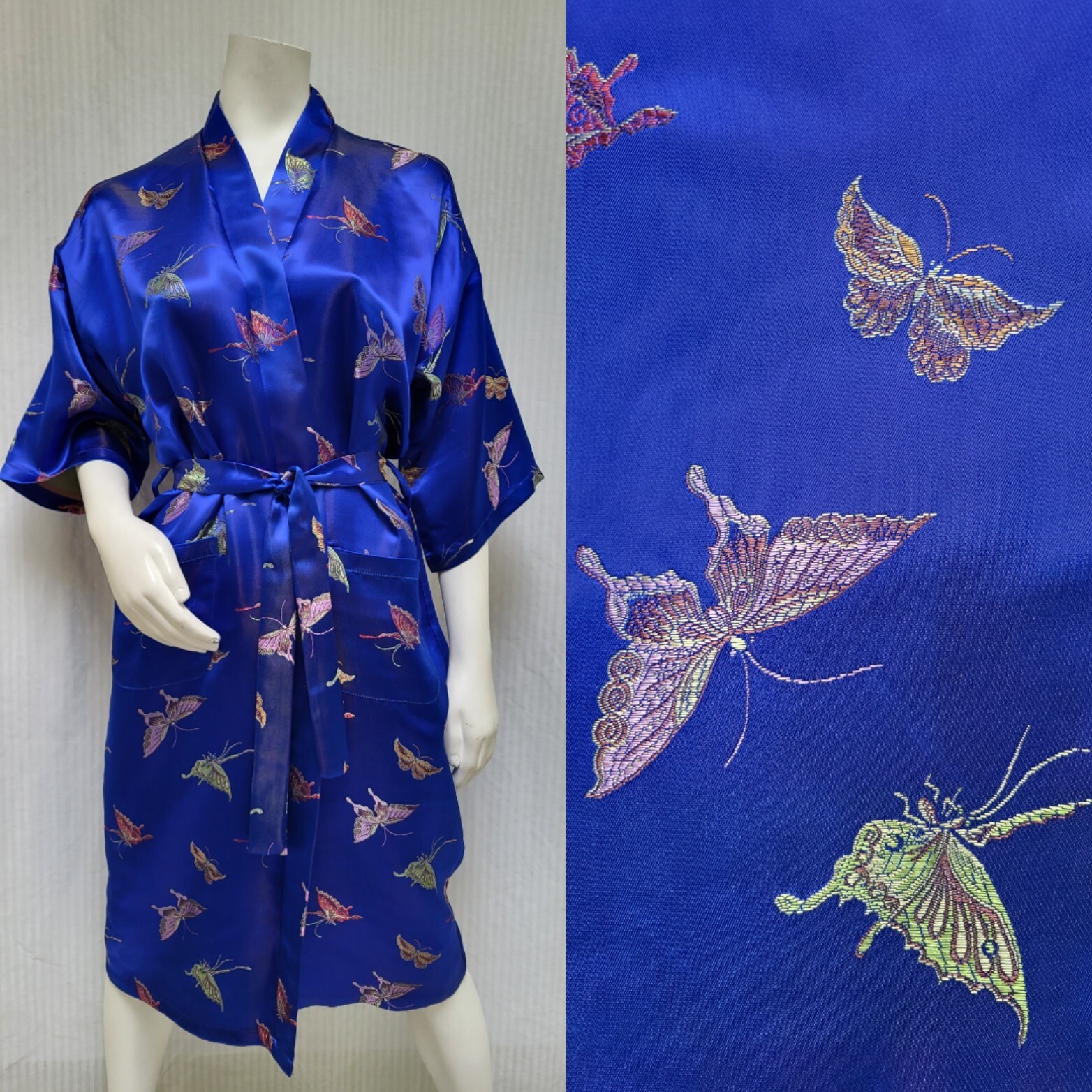 Vintage MEI GUI Blue Satin Butterfly Jacquard Japanese Silk Kimono Robe w/ Belt