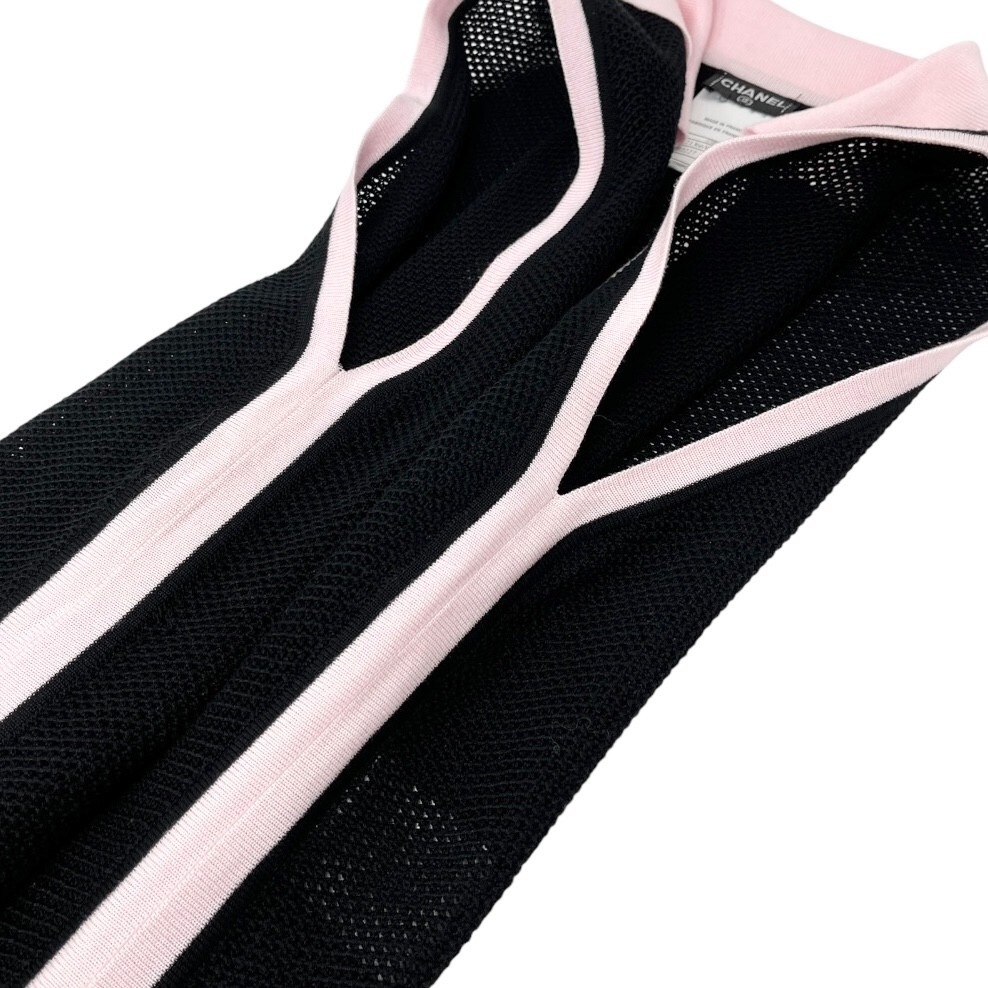 CHANEL Vintage 03P CC Logo Mesh Knit Tank Top #38 Black Pink Cotton Rank AB+