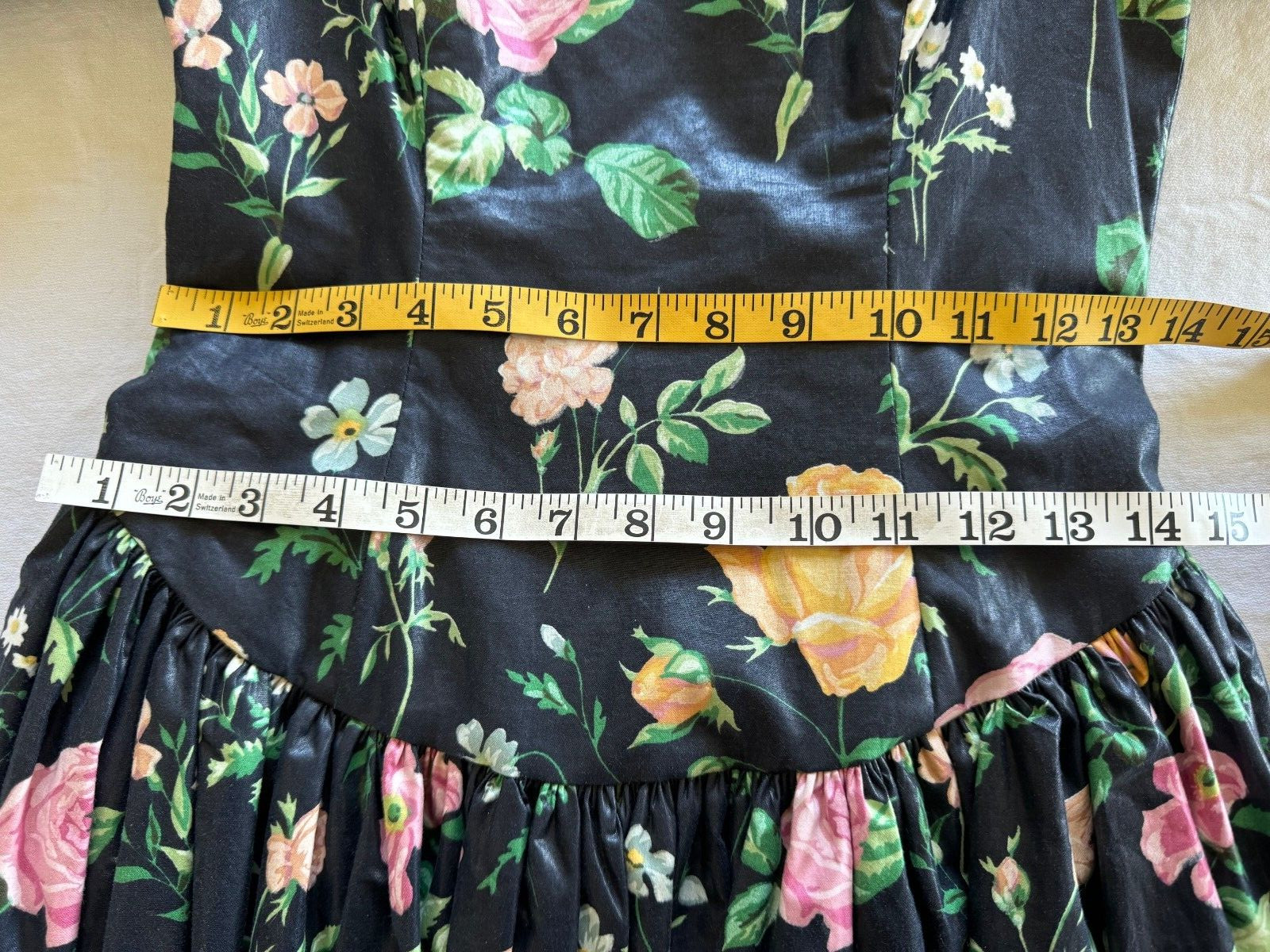 Vintage 80s Cottage Core Black Floral Prom Party Dress S G Gilbert Net Slip Sz 6