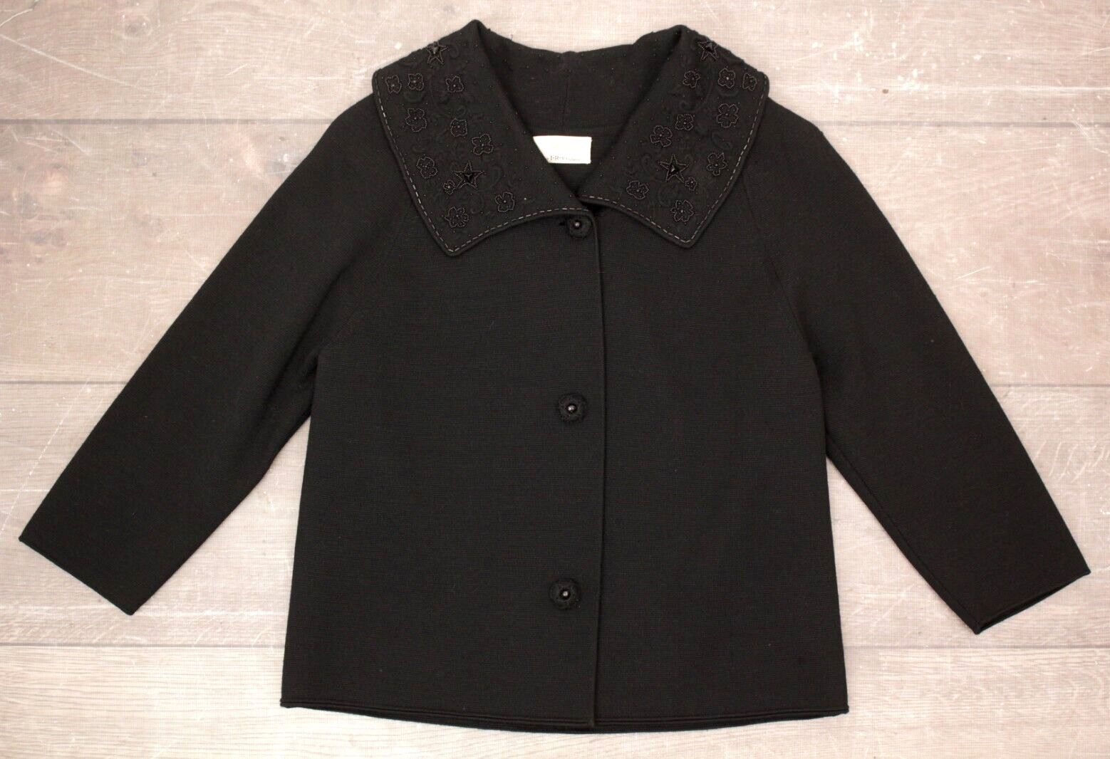 VTG Women’s 60s 2 PC Black Knit Beaded Dress Suit M/L 1960s Jacket & Skirt Set