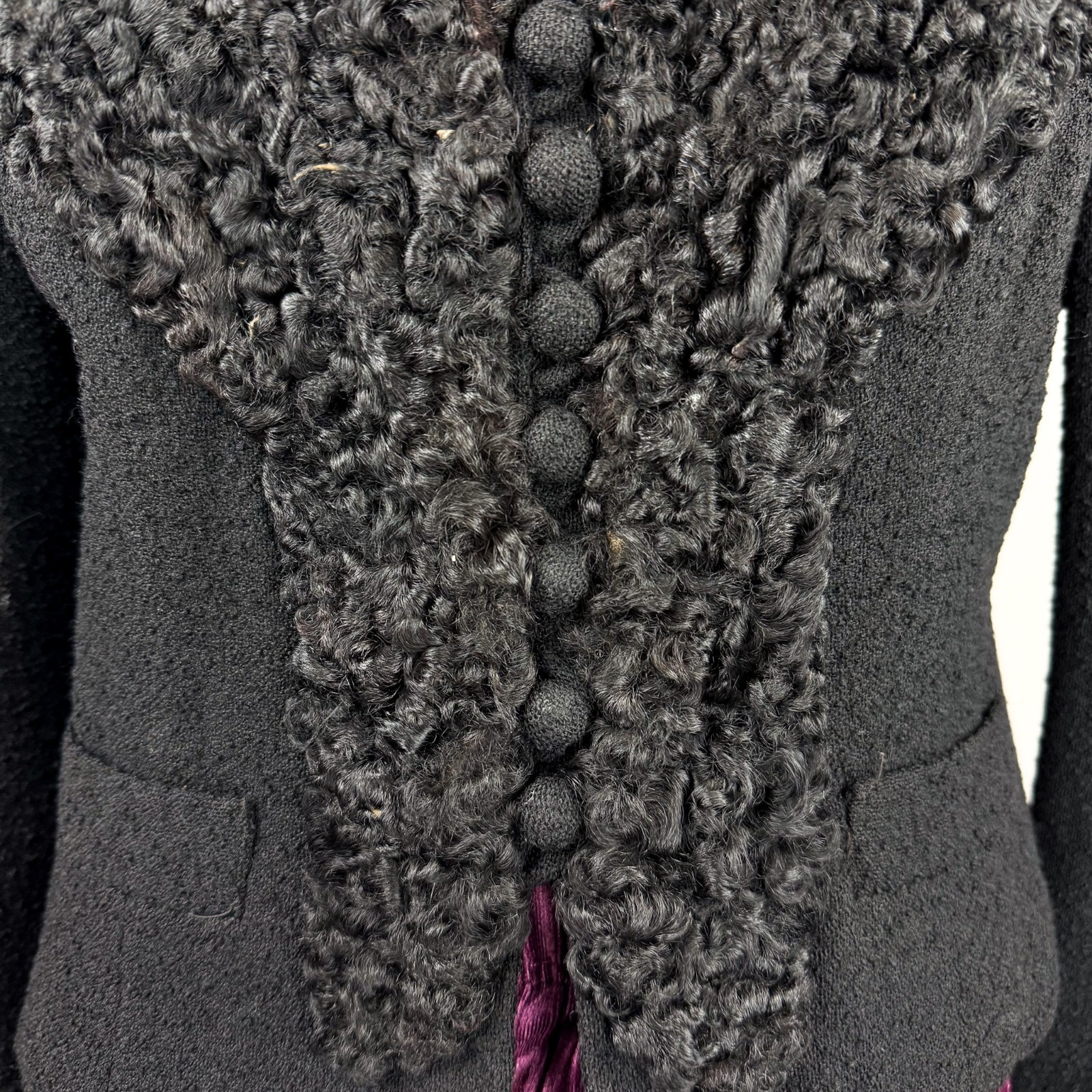 Antique Victorian Mourning Jacket Black Wool Astrakhan Fur High Collar Gothic XS