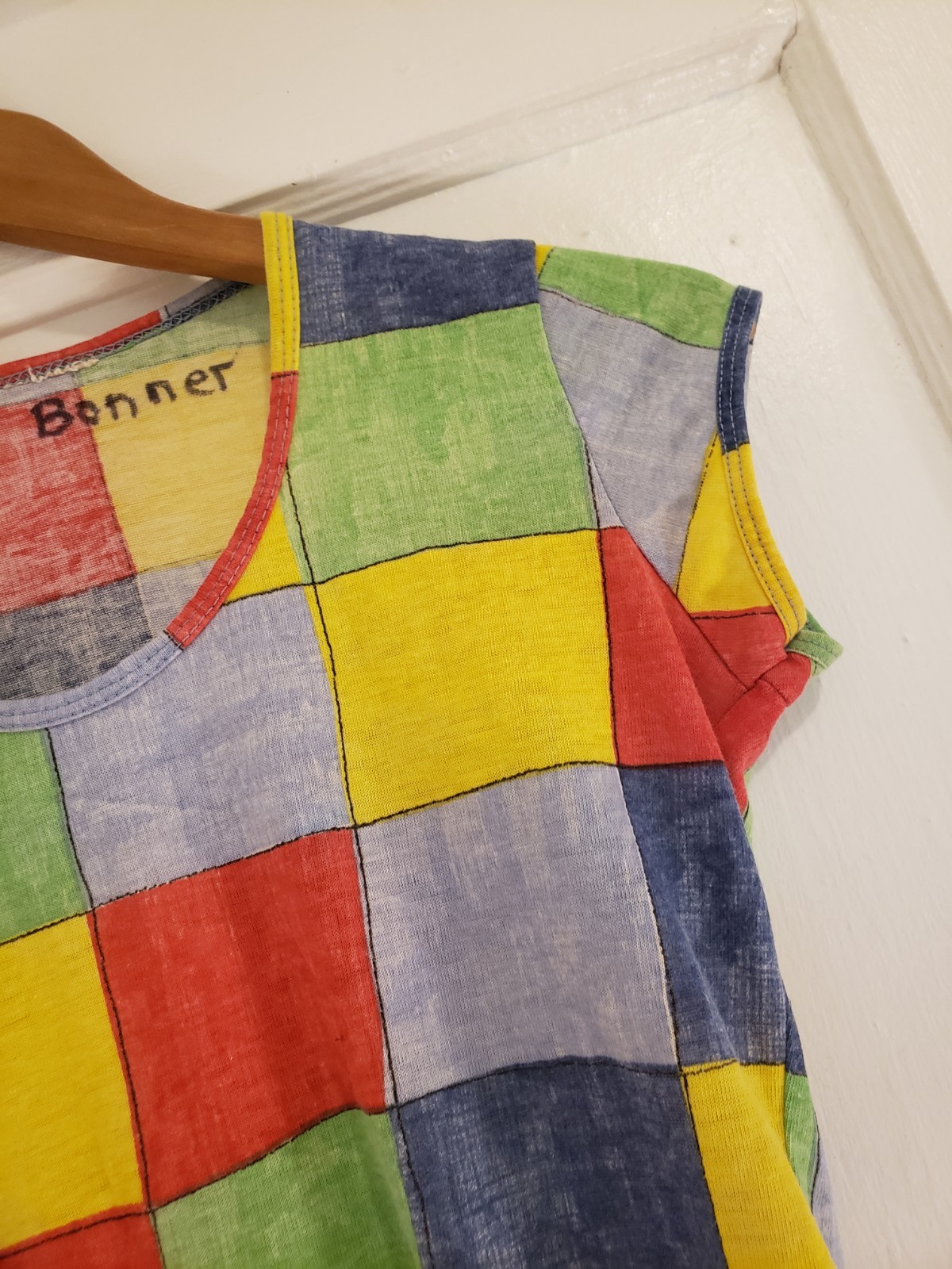 Vtg 70s Primary Pop Art Sz S M Tshirt Thin Cotton Print Mod Disco Squares