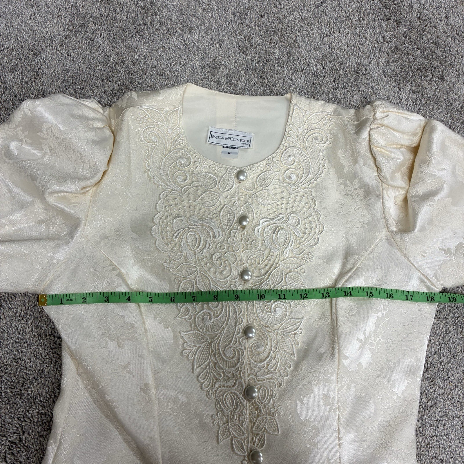 VTG Jessica McClintock Bridal Suit Sz 12 Ivory Peplum Jacket Jacquard Lace 80’s