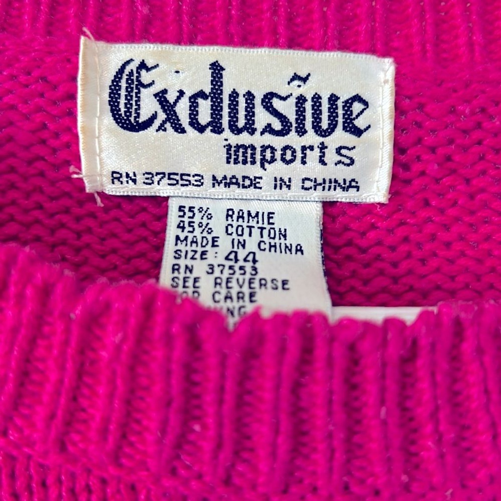 Vintage bright pink cotton/ramie sweater with beads and rhinestones – size L