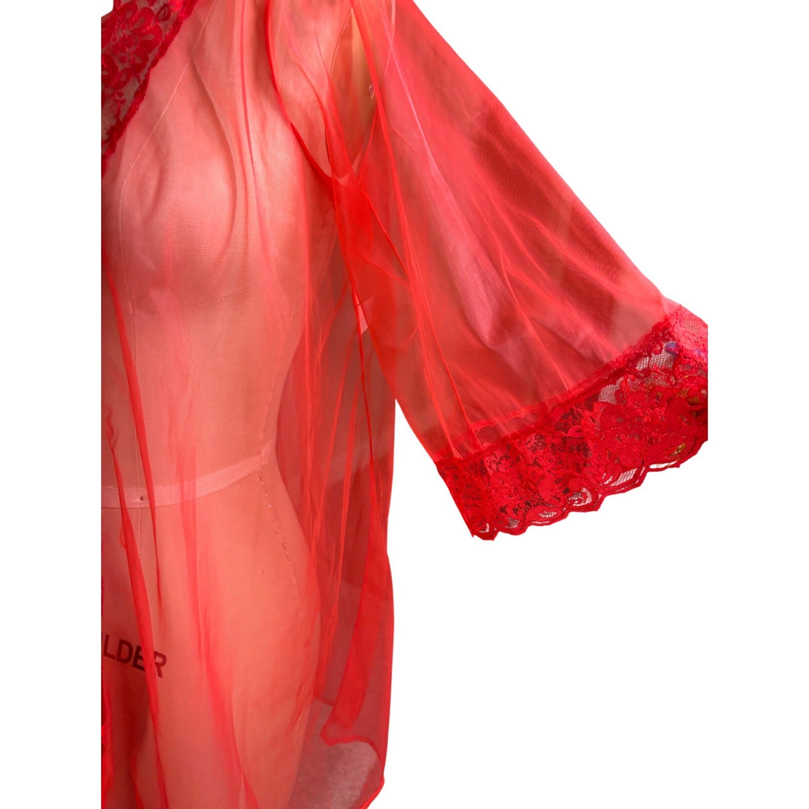 Pandora 60s Lace Trim Sheer Mesh Fairy Lingerie Kimono Medium Cherry Red Vintage