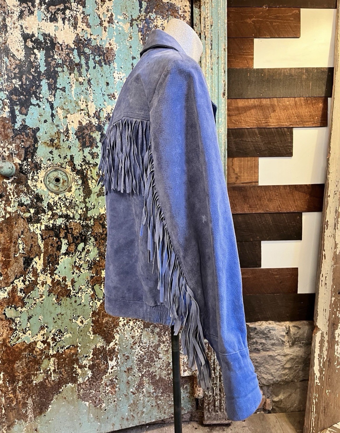 Vintage 1980s 1990s Blue Suede Fringe Jacket Medium