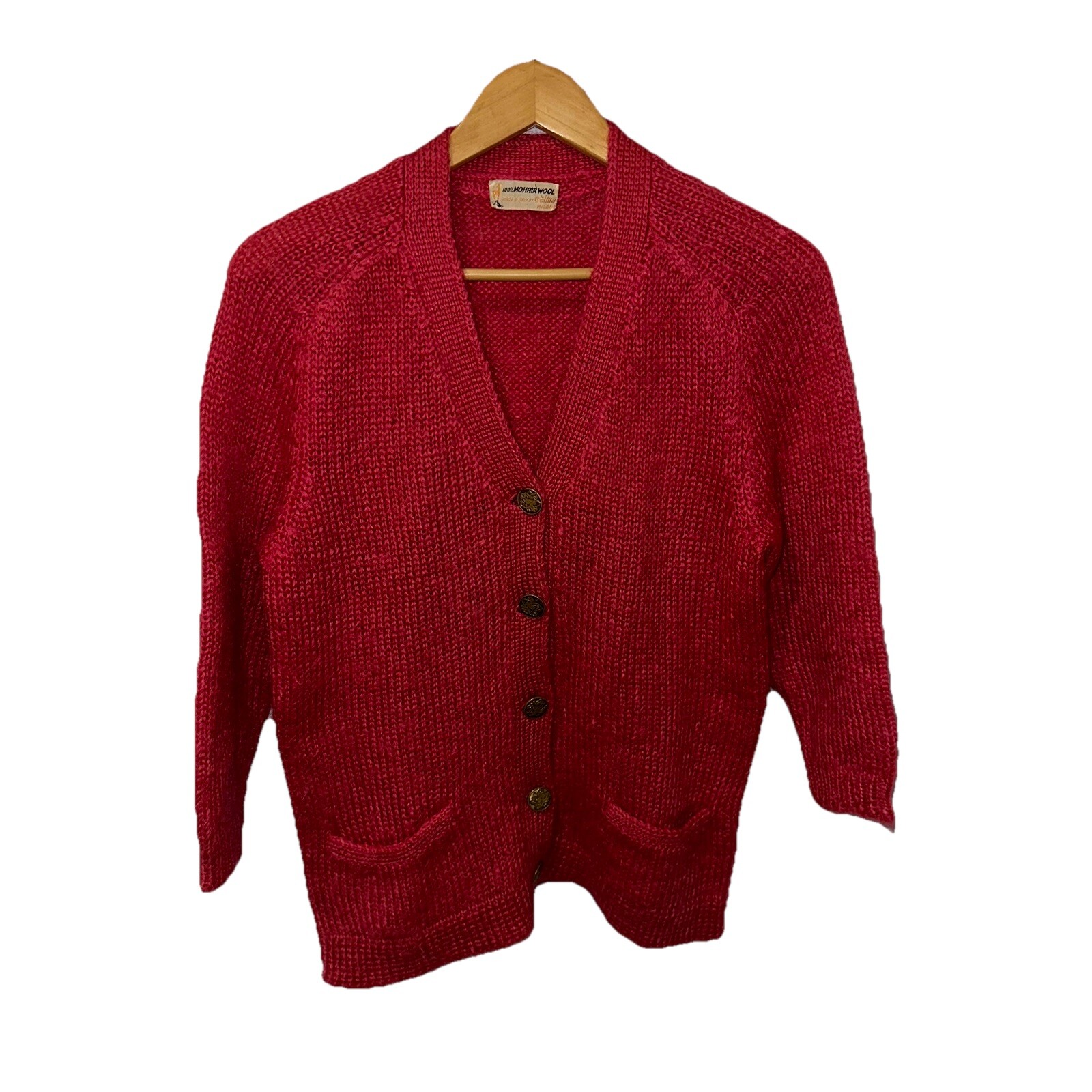 Vintage 1960s 100% Mohair Cardigan Sweater Pinkish Red Approx Sz Medium Shaggy