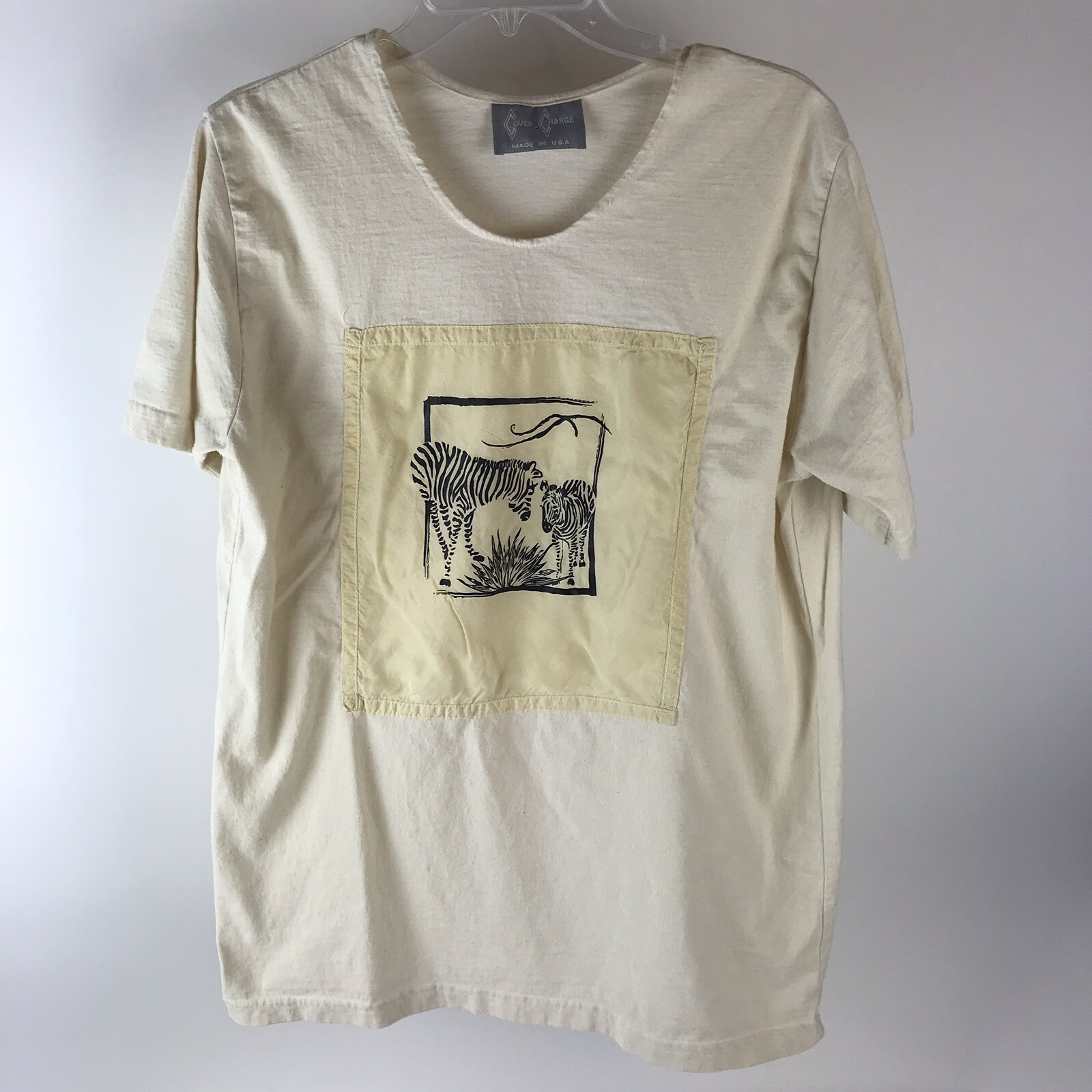 VTG 90s Women’s Top Cover Charge Zebra Tribal Jungle cotton Tunic L USA boho