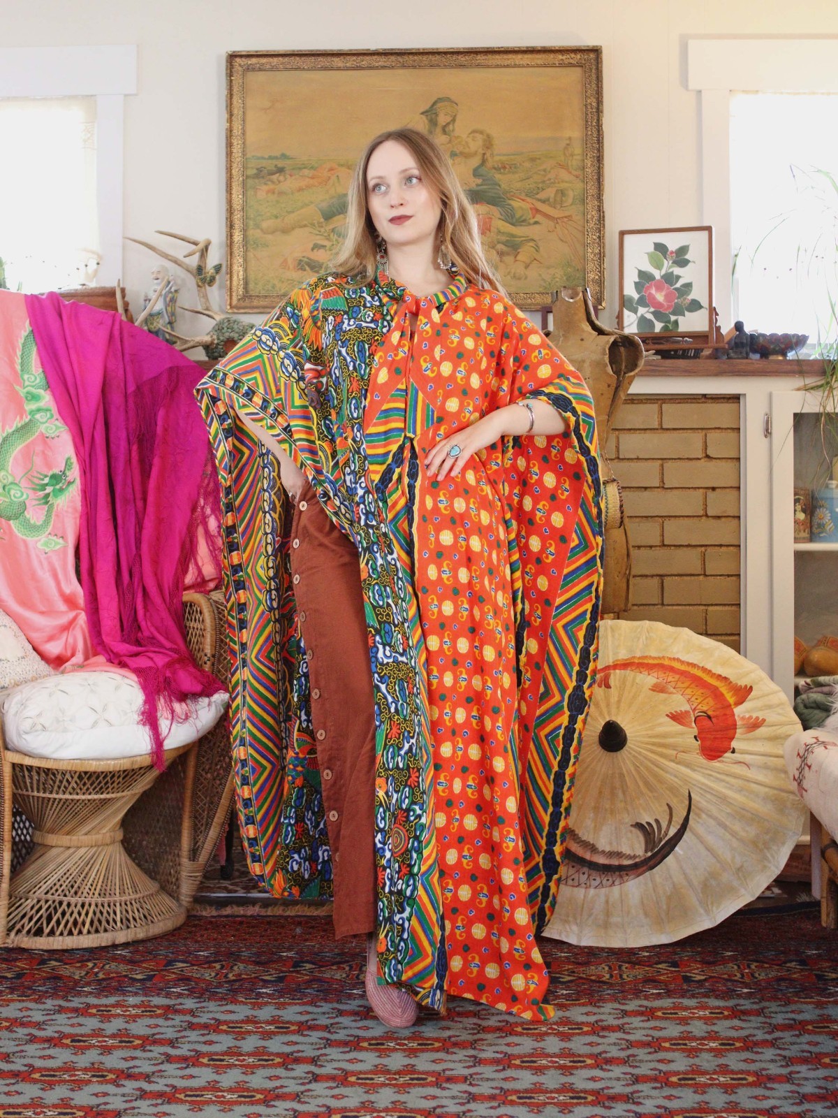 1960s Maxi Caftan Poncho Cape Psychedelic Pussy Bow Neck Phoenix Print Freesize