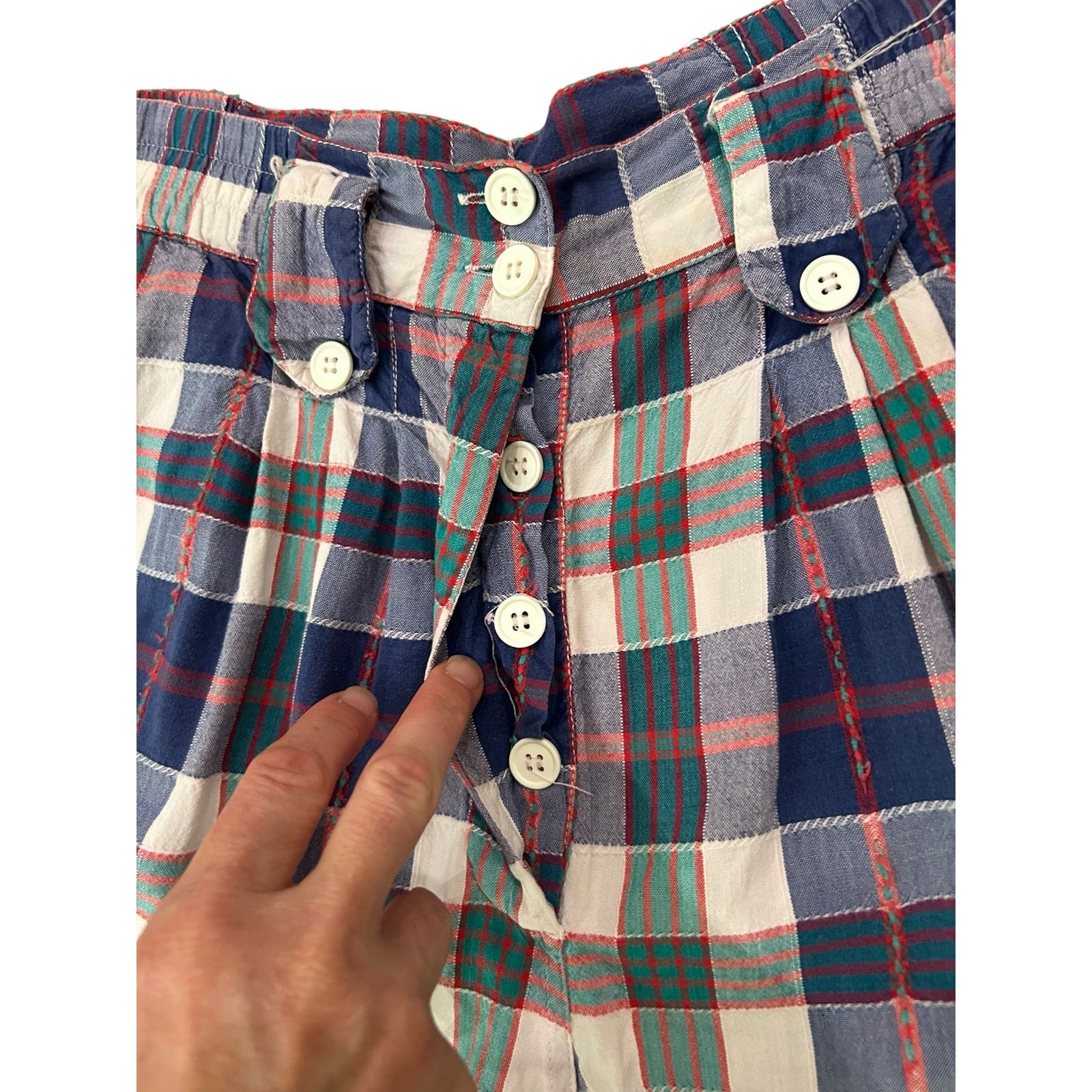 High Waist Plaid Shorts Vintage 80s Embroidered Pleated Cotton M/L Preppy ^