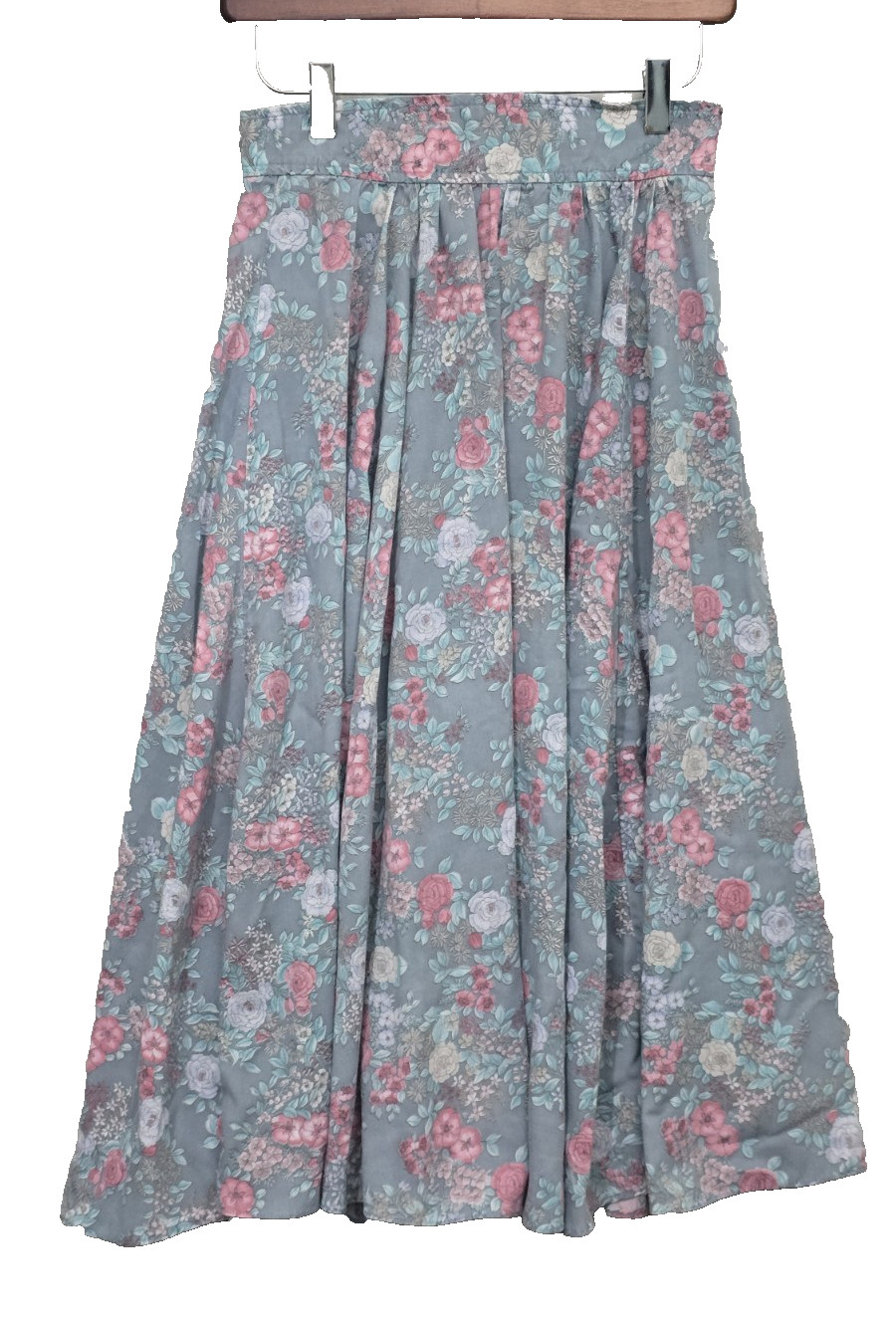 Vintage 80s Kayo of California Floral Midi Skirt Blue Gray Trad Cottagecore