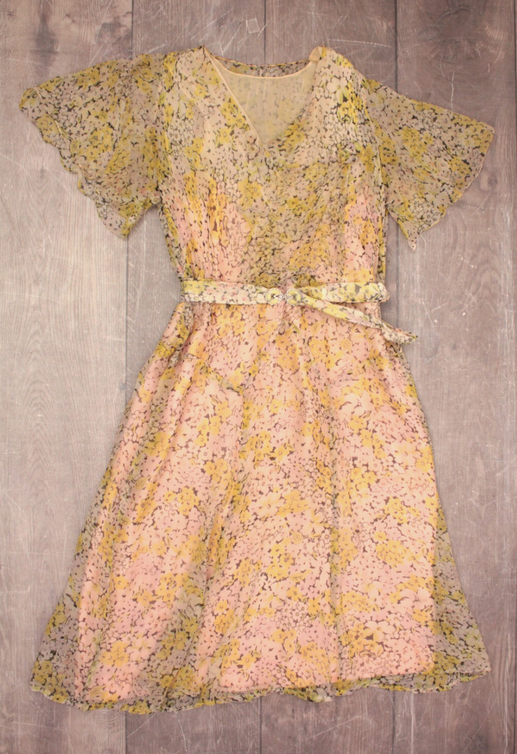 Vtg Women’s 30s Sheer Cream & Yellow Floral Pink Lining Chiffon Dress M/L 1930s