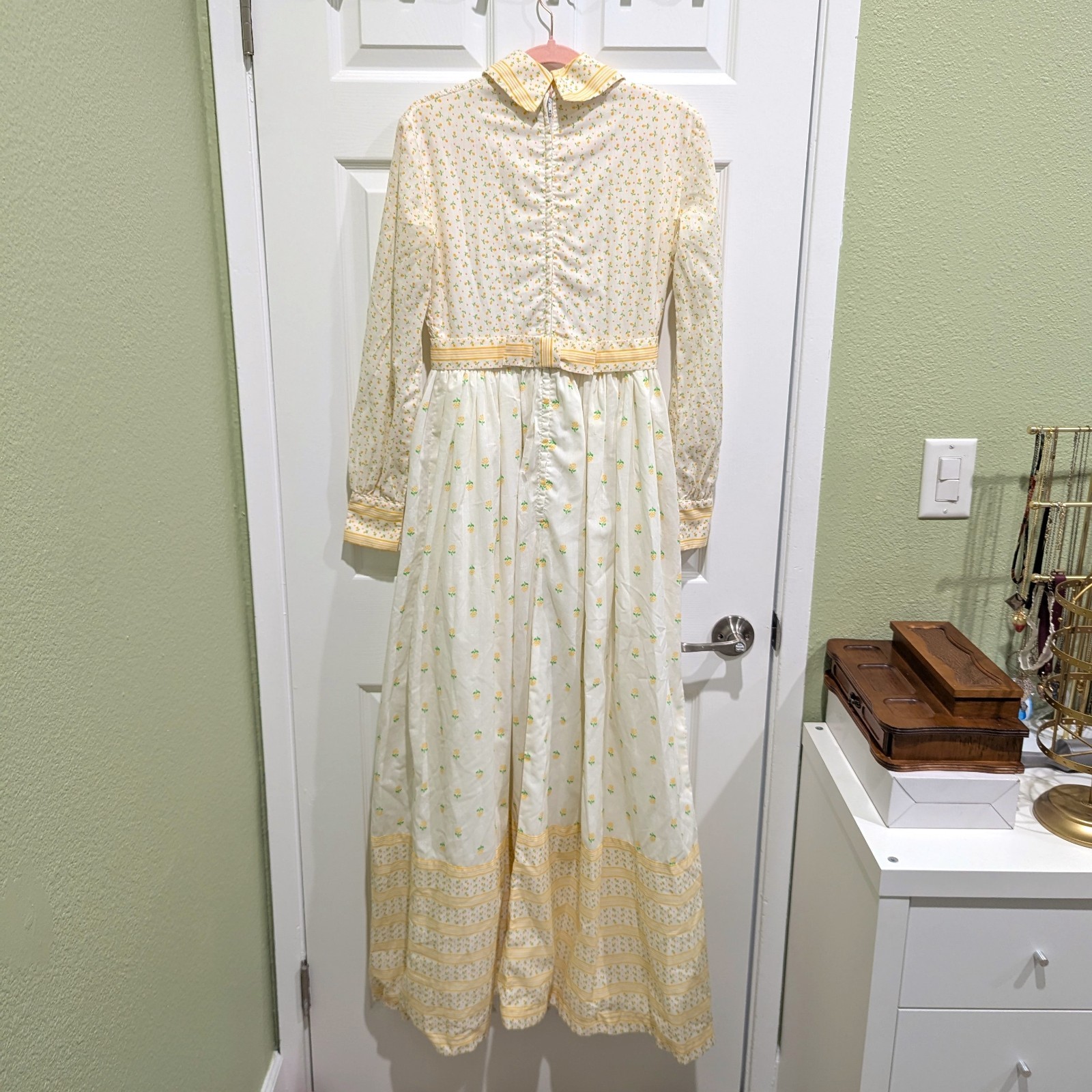 Vintage 70s White and Yellow Floral Prairie Maxi Dress