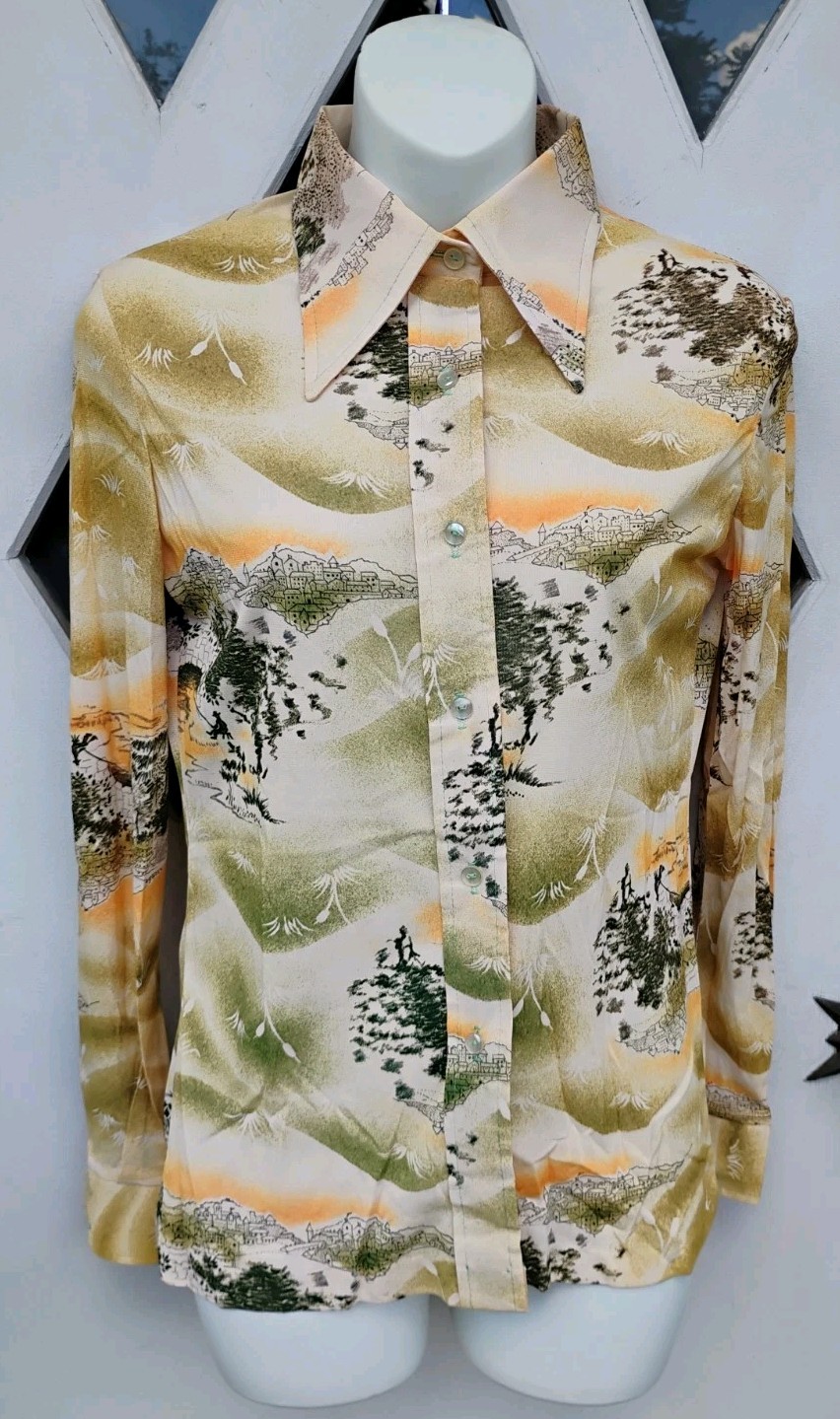 VTG 70’s „Shirt Accent” Orange & Green Scenic Print Dagger Collar L/S Blouse 34