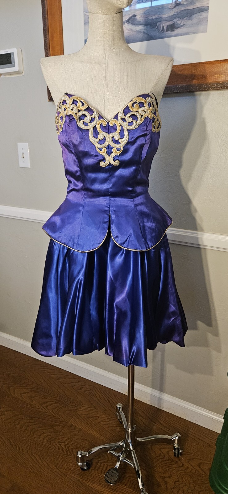 Vintage 1980s Blue Peplum Dress With Metalic Embroidery And Bubble Skirt As …