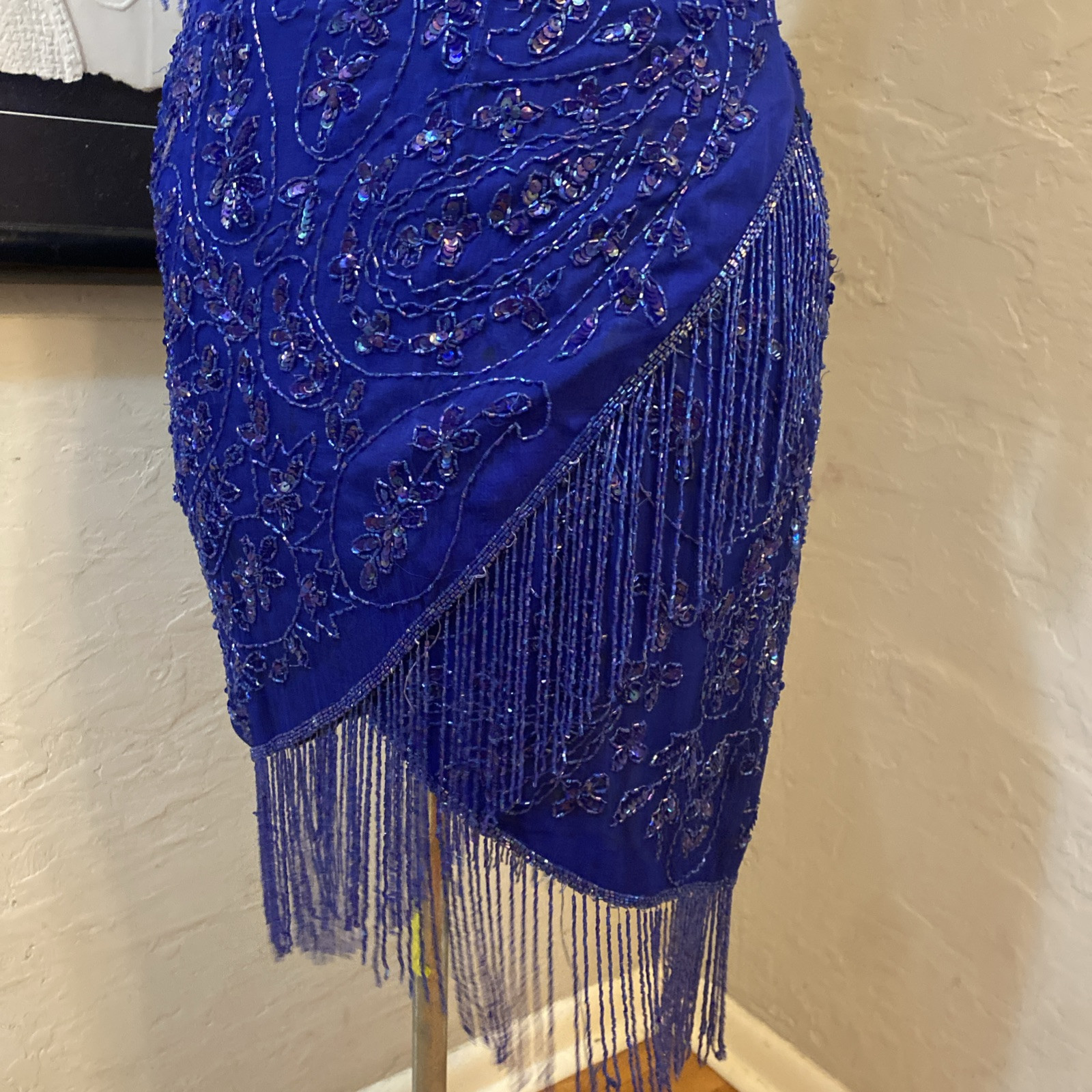 Vintage 80s Dark Blue Silk Sequin Beaded Fringe Cocktail Formal Mini Dress Med