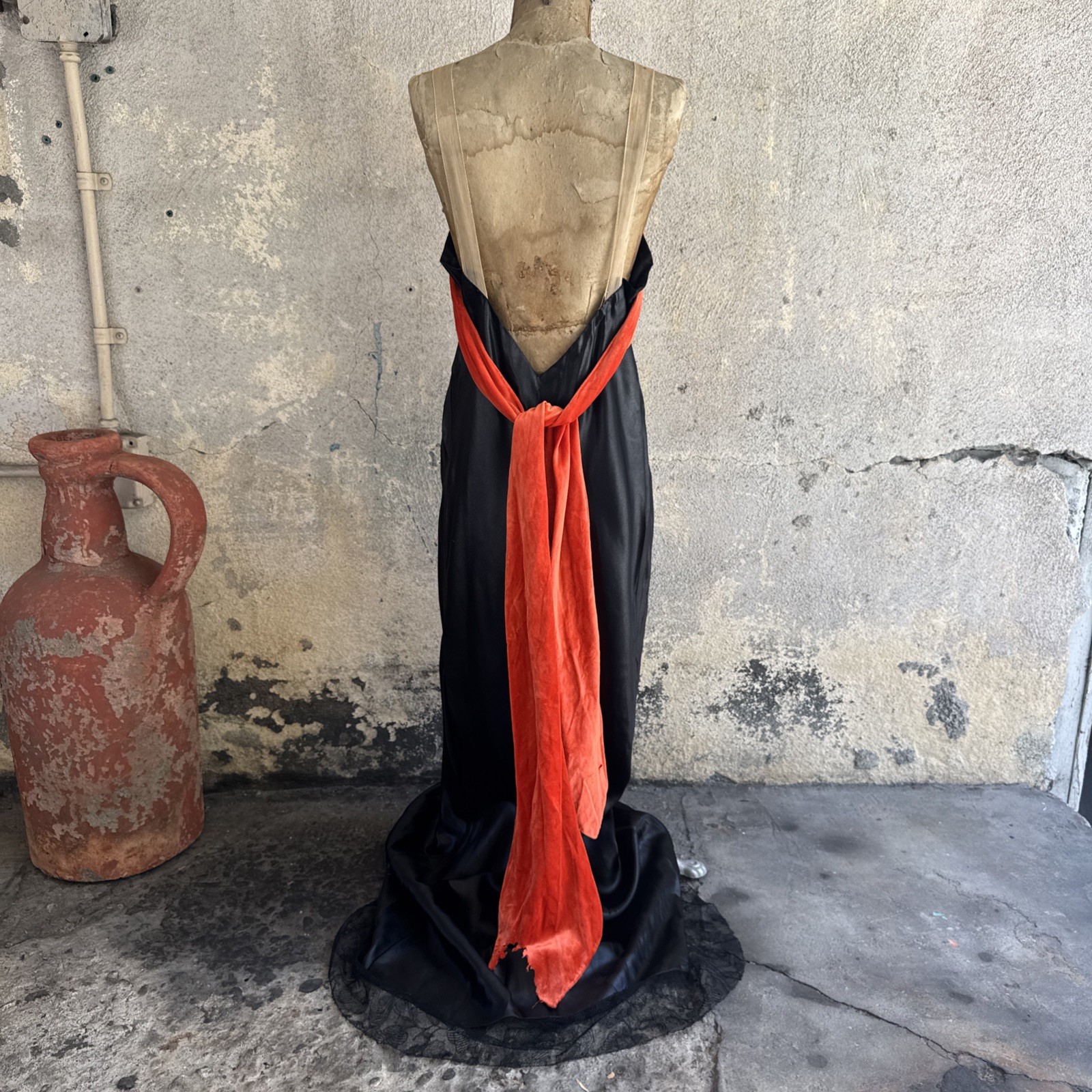 Vintage 1930s Black Silk Satin Dress Orange Silk Velvet Bow Wrap Lace Trim Bias