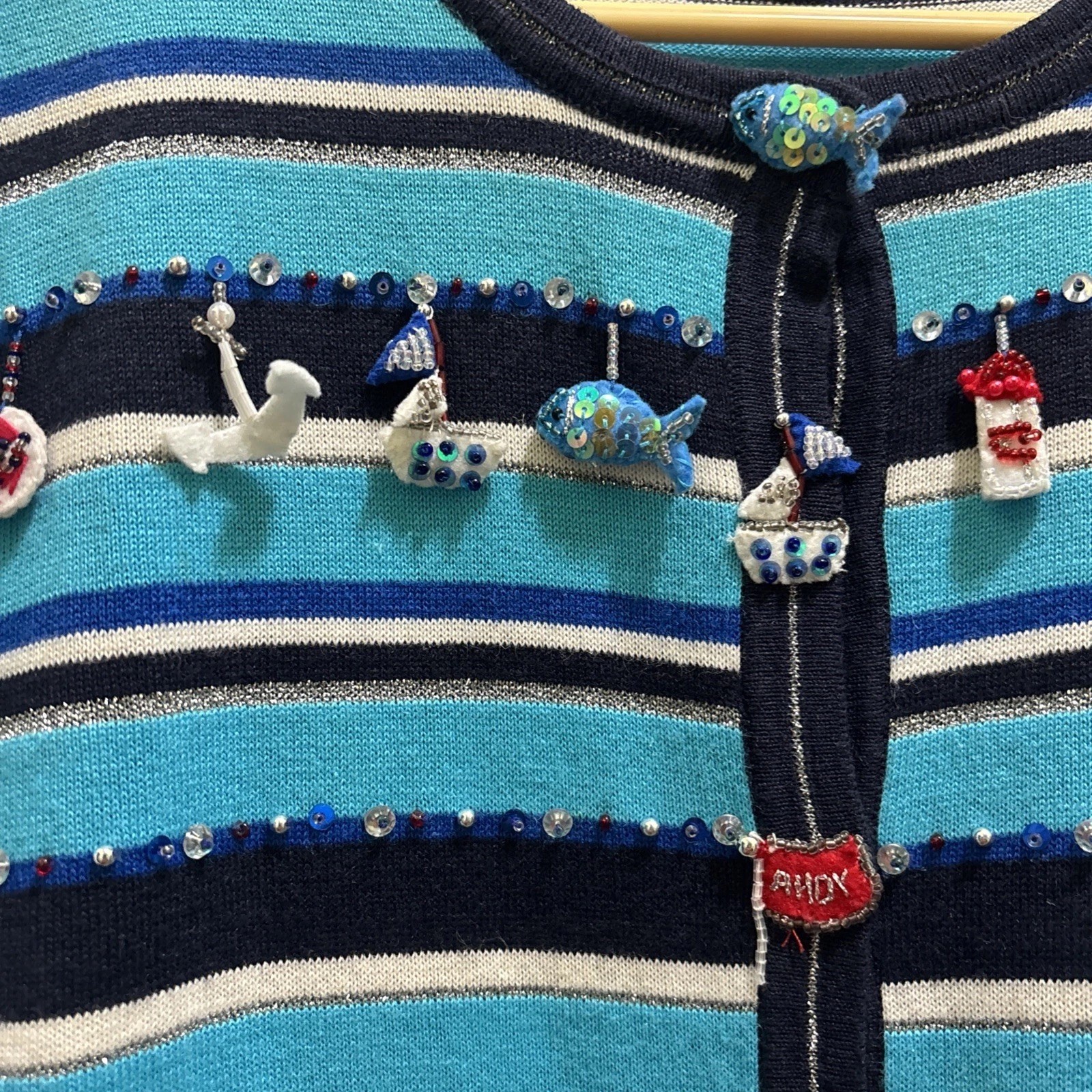 VTG Jack B Quick Cardigan Sweater Womens Petite Medium Turquoise Nautical Themed