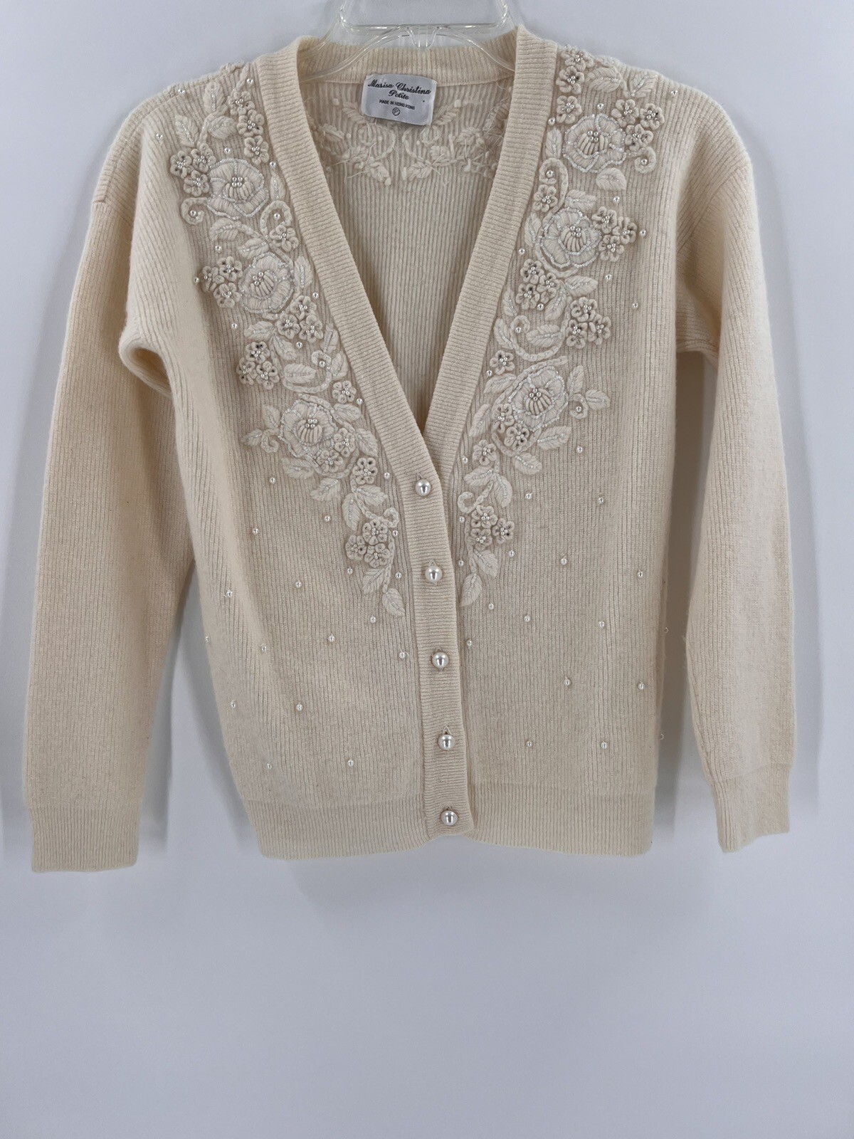 Handknit Vintage Ivory Cardigan Marisa Christina Roses Pearls Cottage Core PS