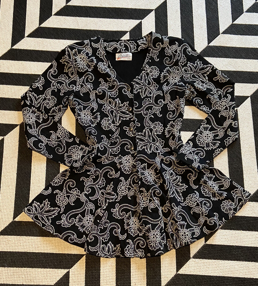 Vintage 80s Lajate Womens Blouse Top Black w White Embroidery Fit N Flare