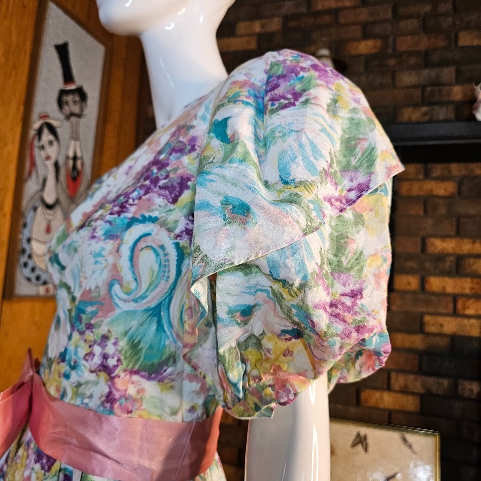 Vtg 80s Fever Dream Floral Romantic Garden Party Belted Bow Volup Tea Dress M/L