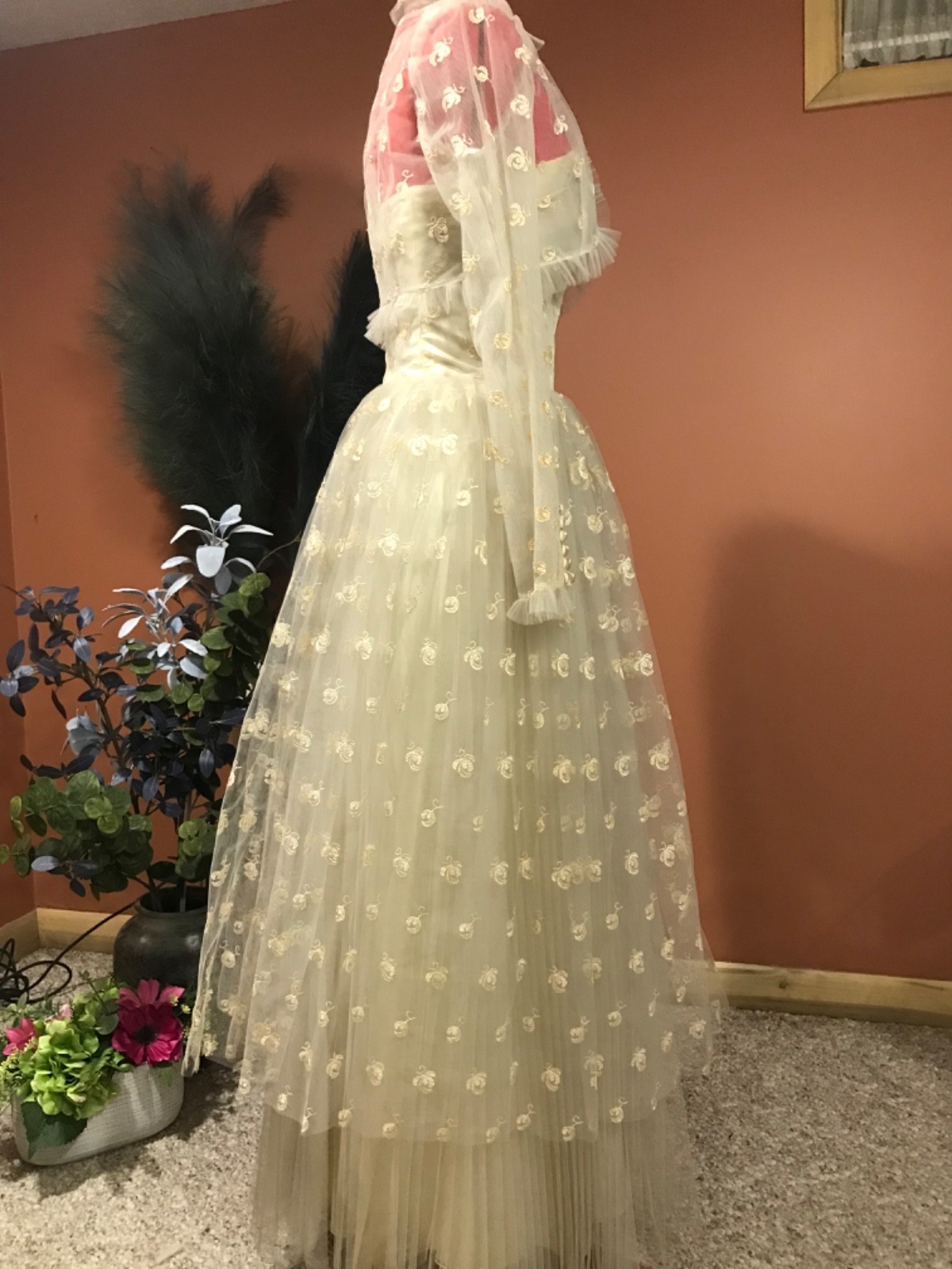 50’s ivory layered tulle lace overlay XS wedding dress with matching crop jacket