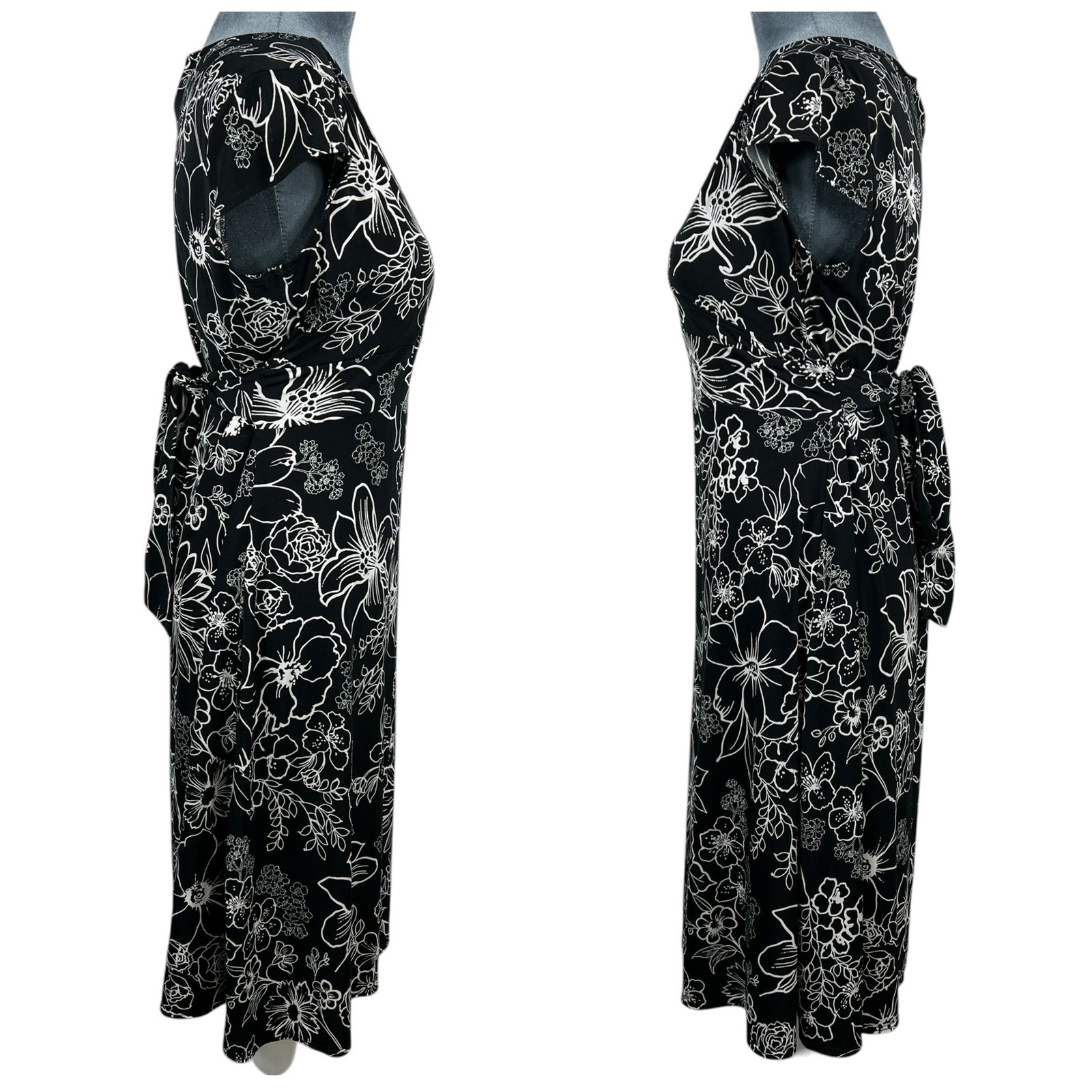 Vintage Y2K Floral Mock Wrap Midi Dress 11/12 Black White Tie Back Empire Waist