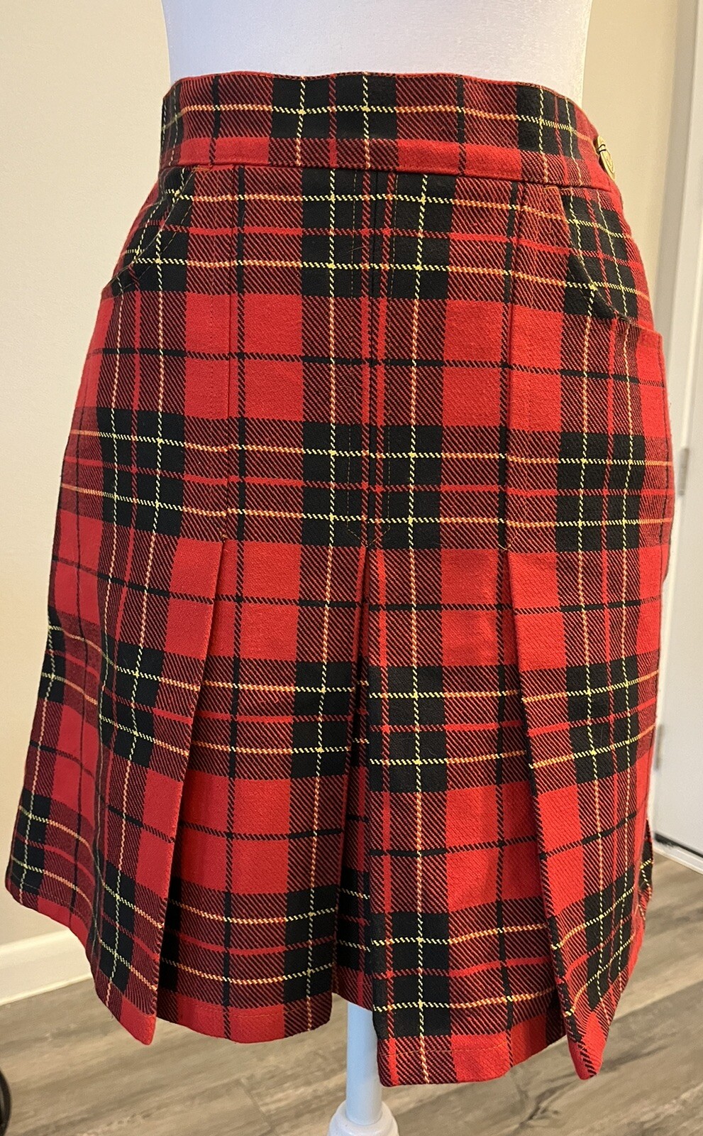 VTG 90’s Moschino Jeans Red Black Plaid Schoolgirl Pleated Leather Peace Skirt
